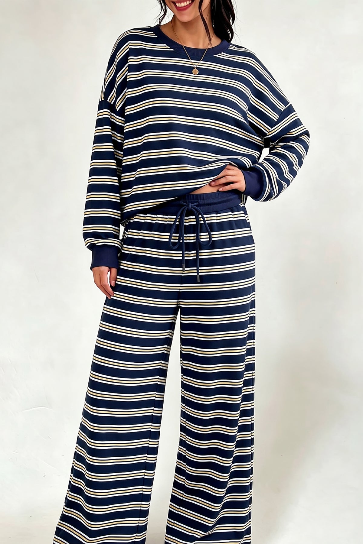 Stripe Cutout Long Sleeve and Wide Leg Pants