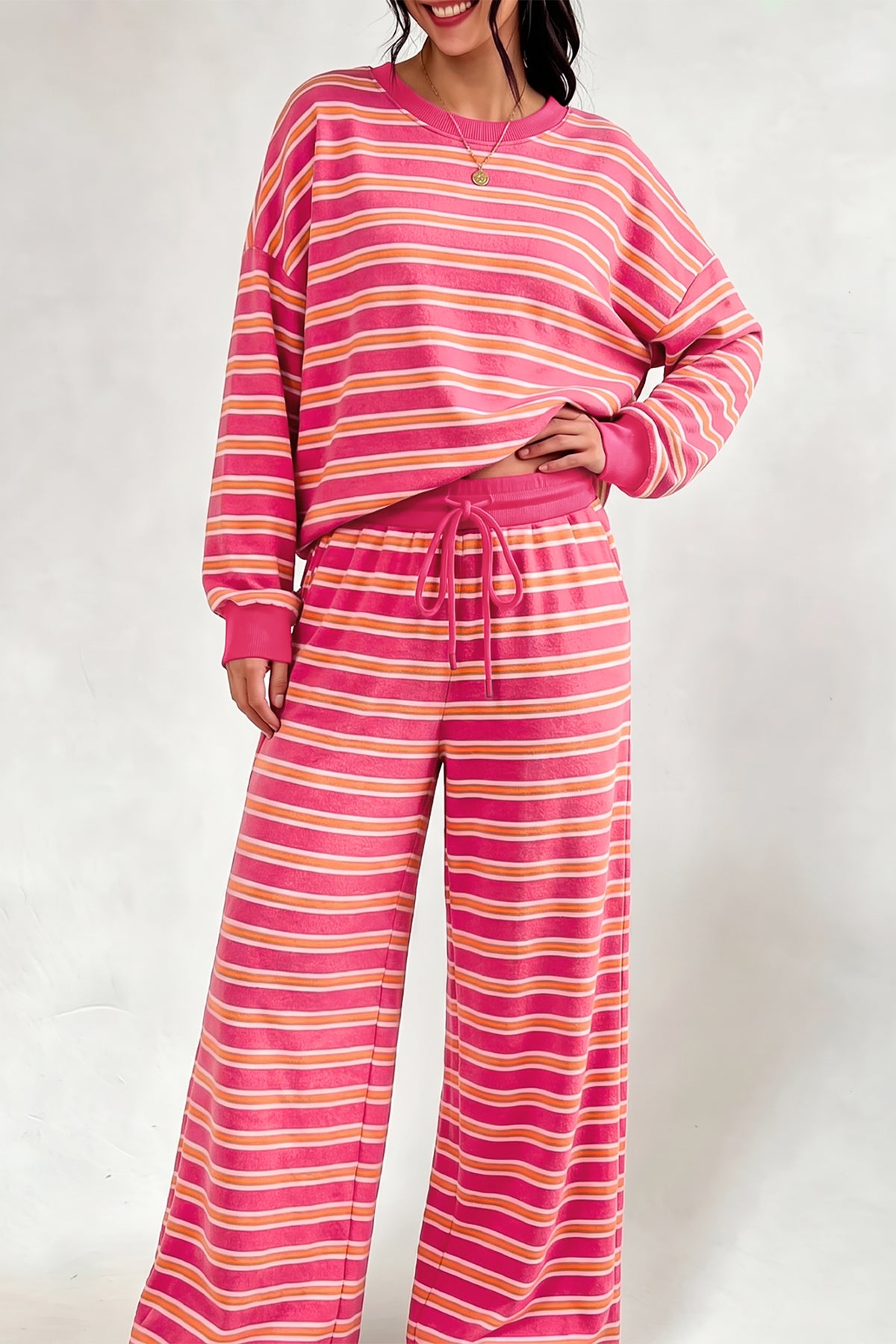 Stripe Cutout Long Sleeve and Wide Leg Pants