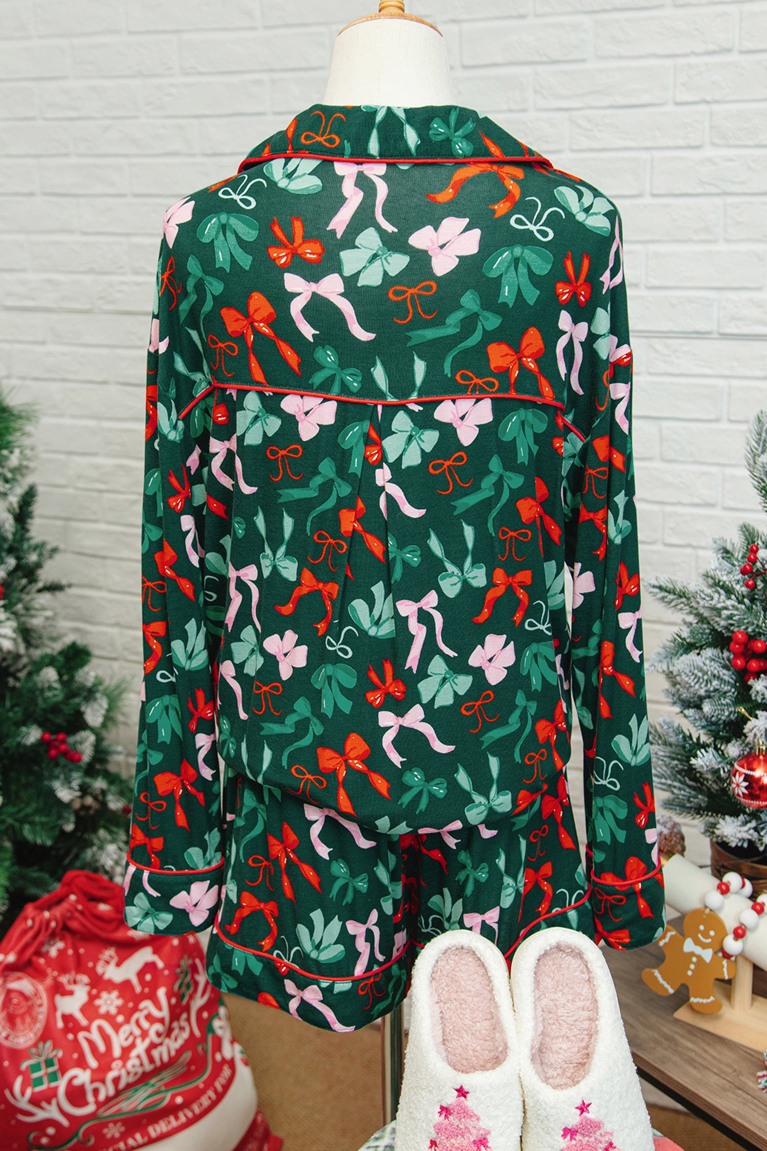 Green Bow Print Long Sleeve Pajama Set
