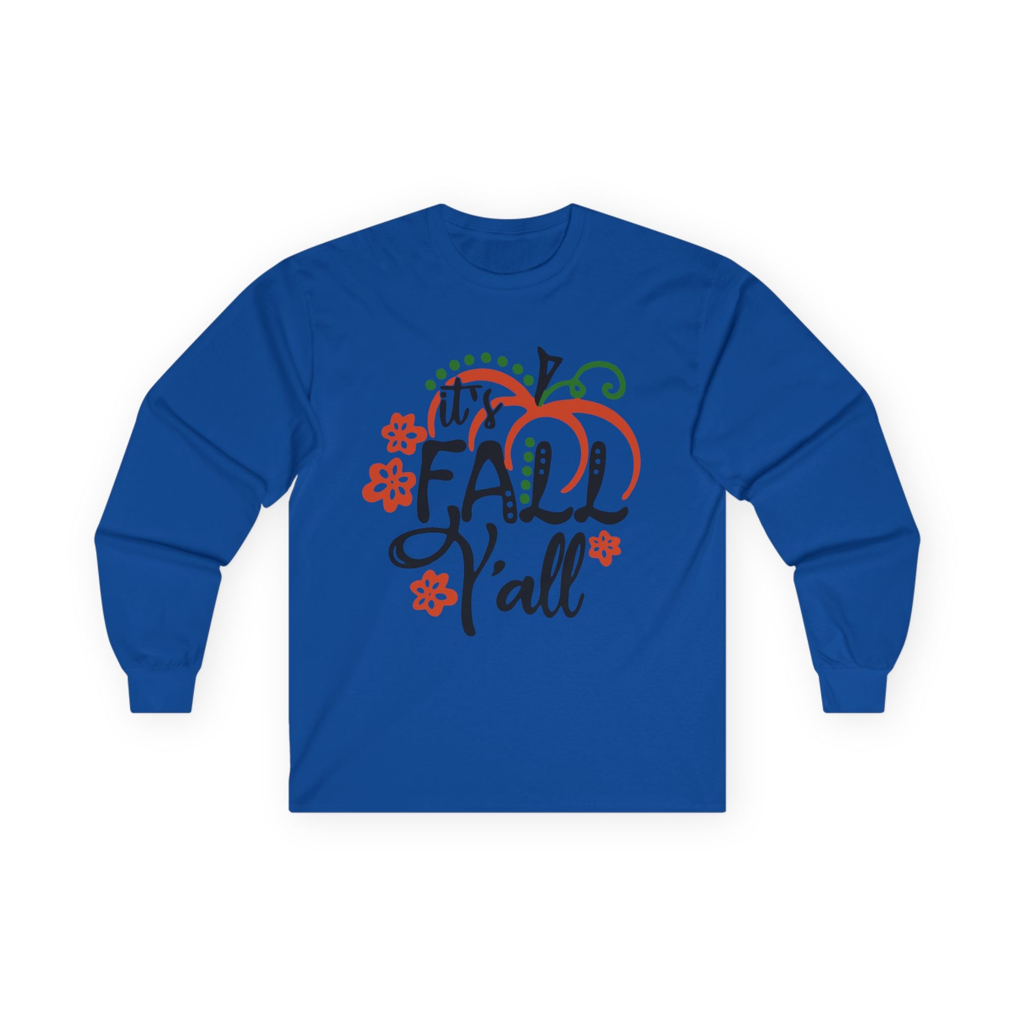 It's Fall Y'all Long Sleeve Tee — Pumpkin & Floral Autumn Shirt