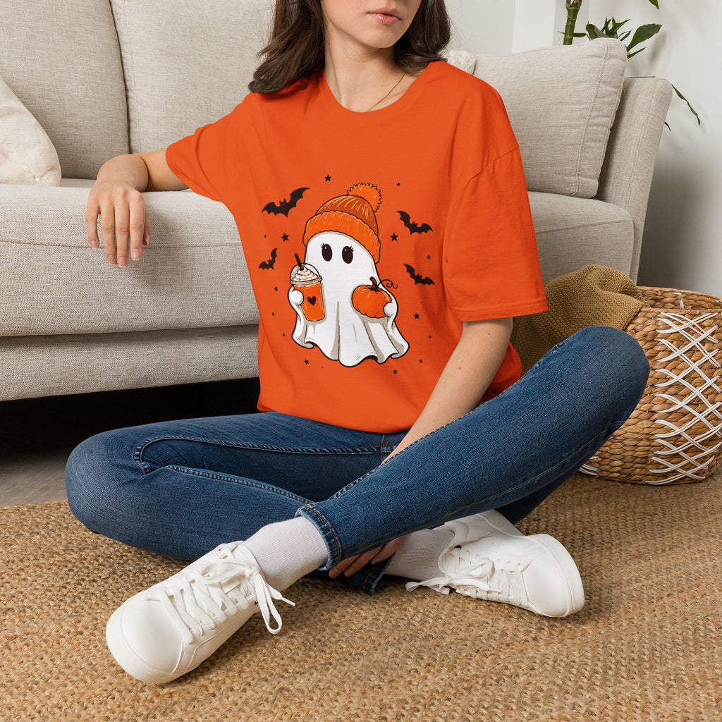 Ghost in a Beanie Halloween Tee — Cute Cozy Ghost with Pumpkin Drink