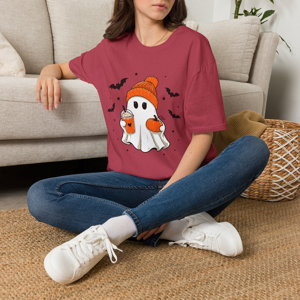 Ghost in a Beanie Halloween Tee — Cute Cozy Ghost with Pumpkin Drink