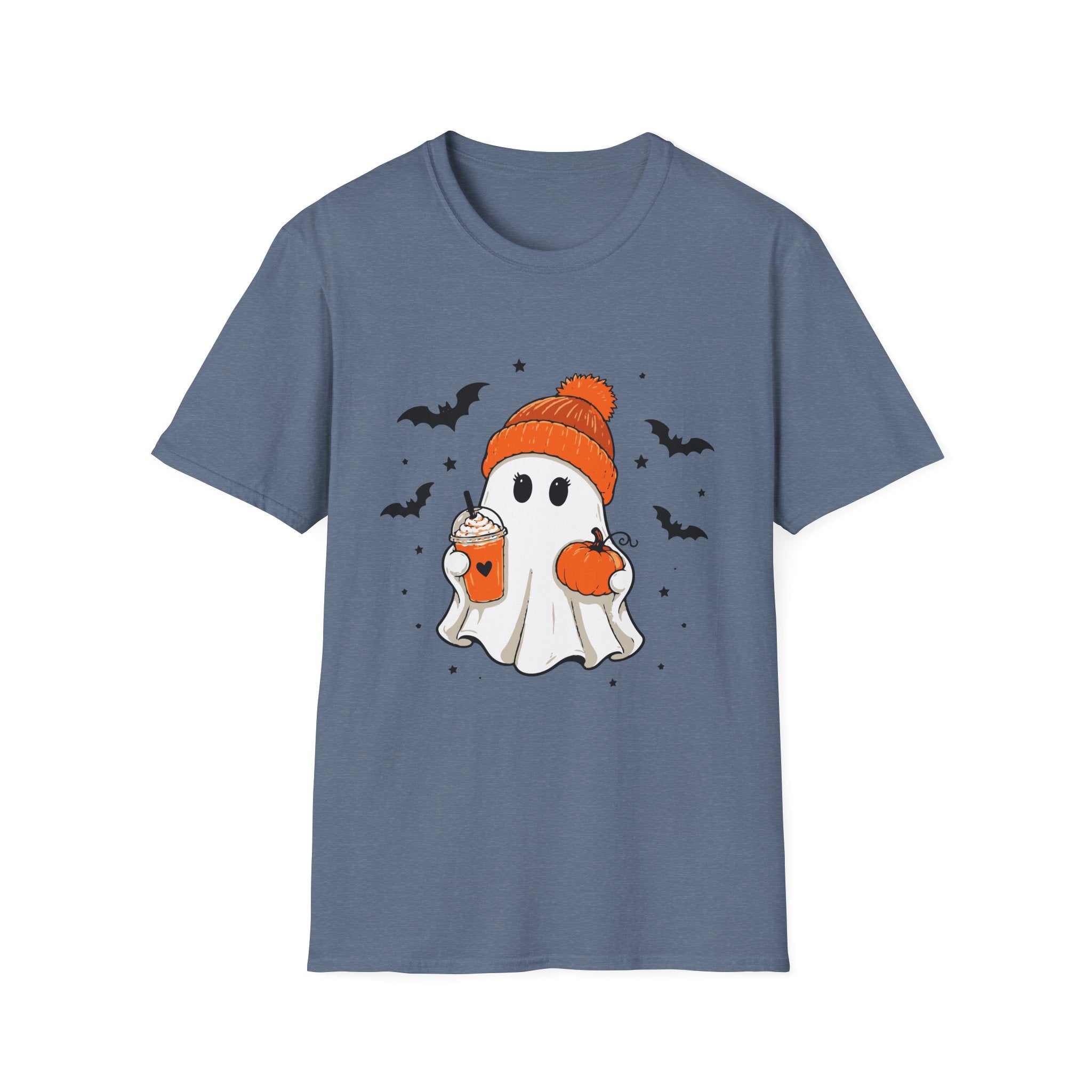 Ghost in a Beanie Halloween Tee — Cute Cozy Ghost with Pumpkin Drink