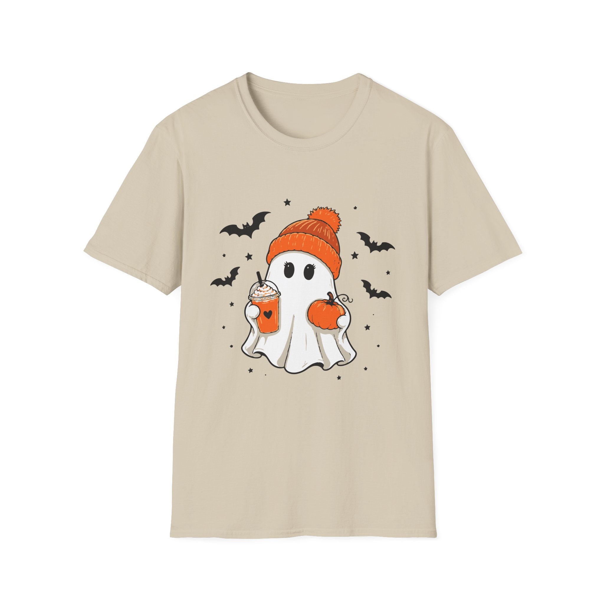 Ghost in a Beanie Halloween Tee — Cute Cozy Ghost with Pumpkin Drink
