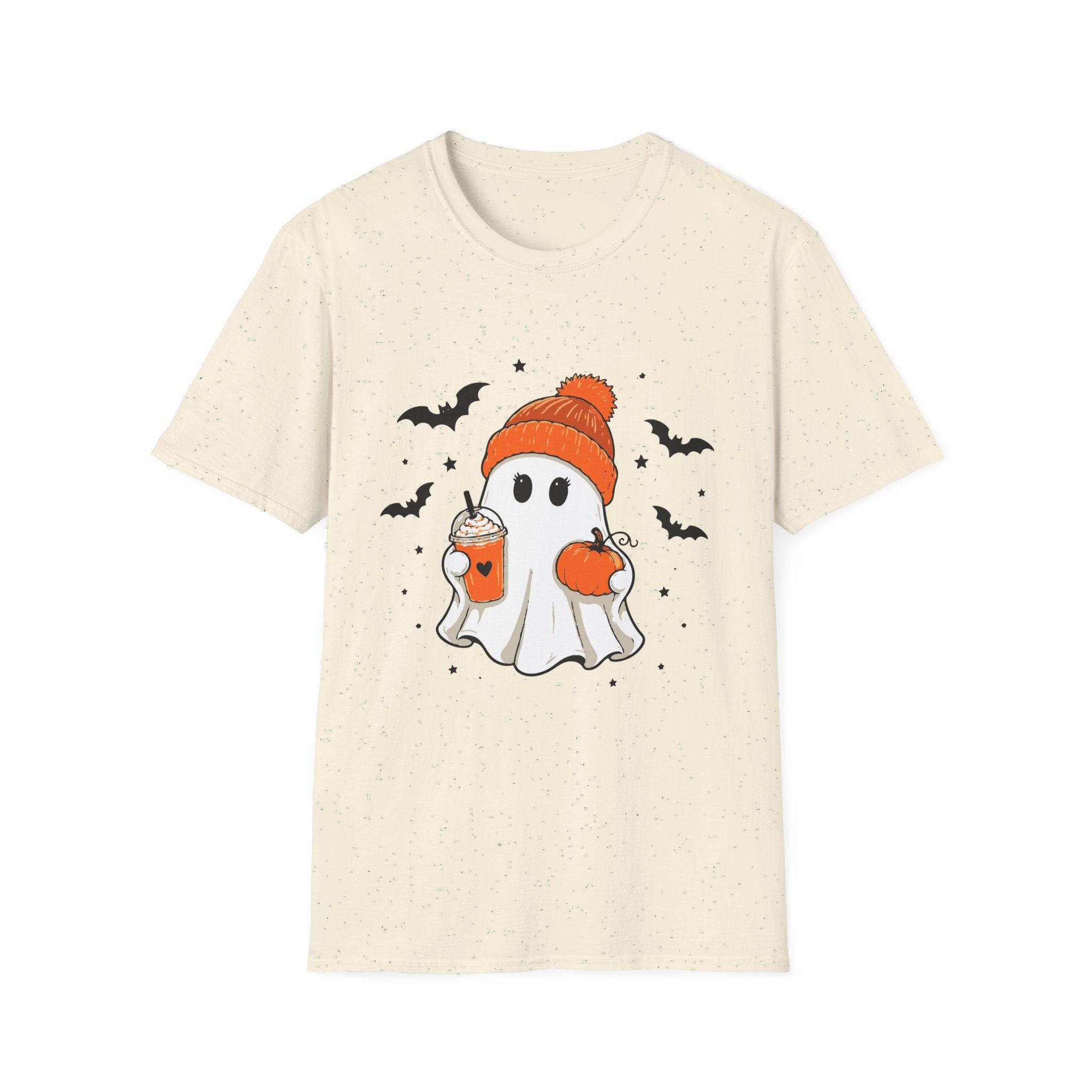 Ghost in a Beanie Halloween Tee — Cute Cozy Ghost with Pumpkin Drink