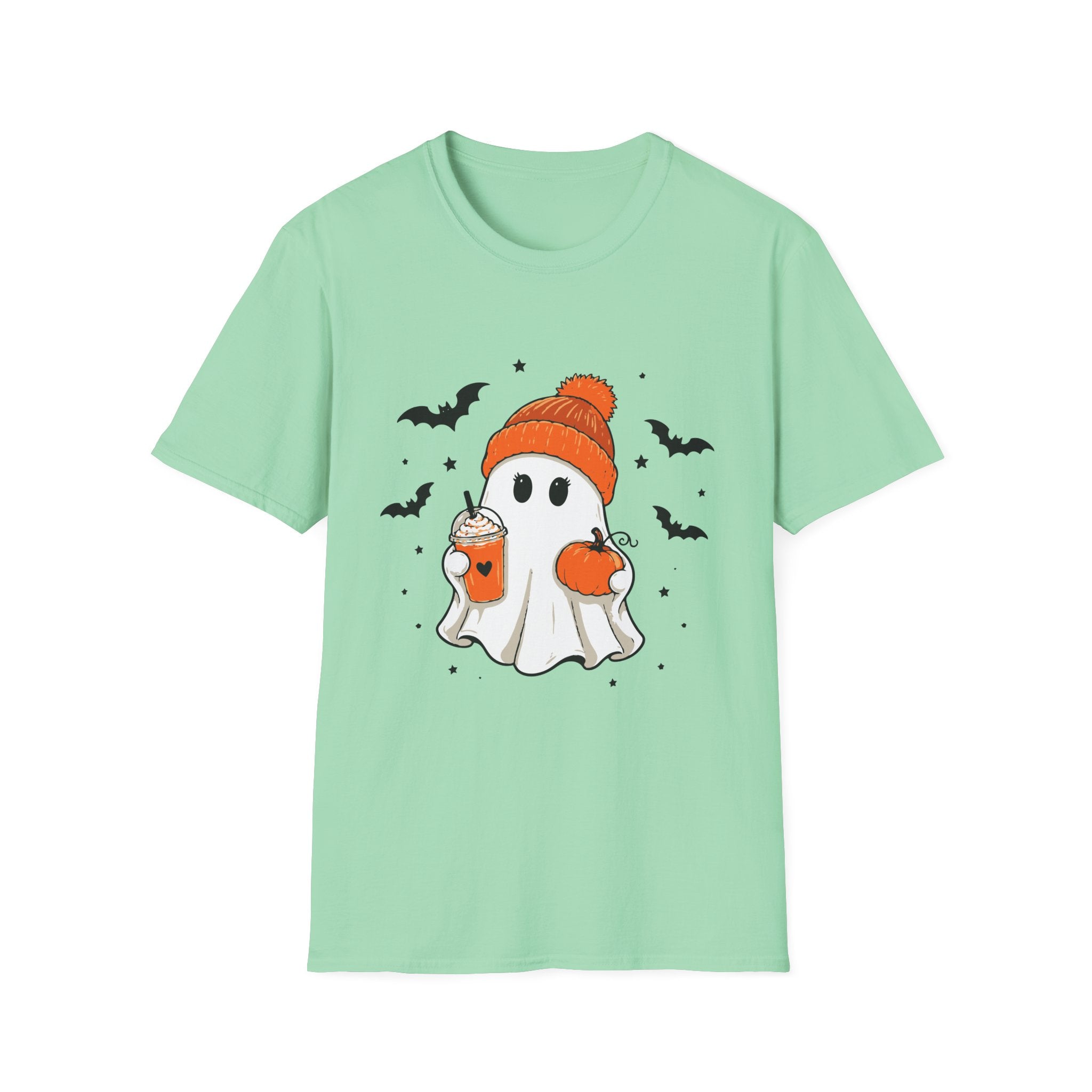 Ghost in a Beanie Halloween Tee — Cute Cozy Ghost with Pumpkin Drink