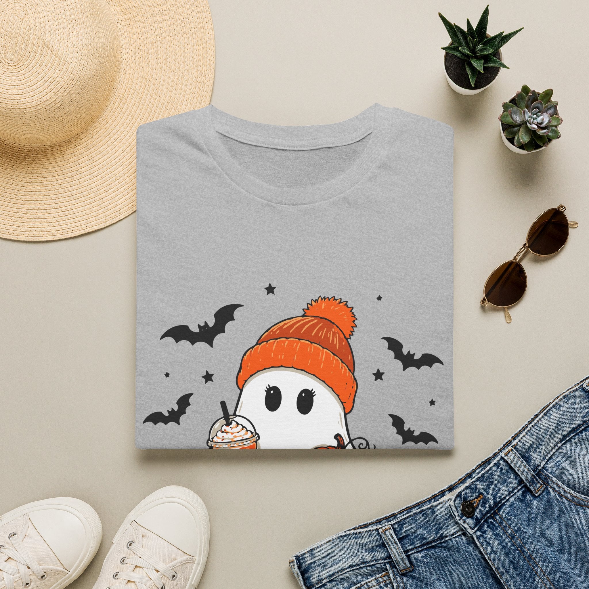 Ghost in a Beanie Halloween Tee — Cute Cozy Ghost with Pumpkin Drink