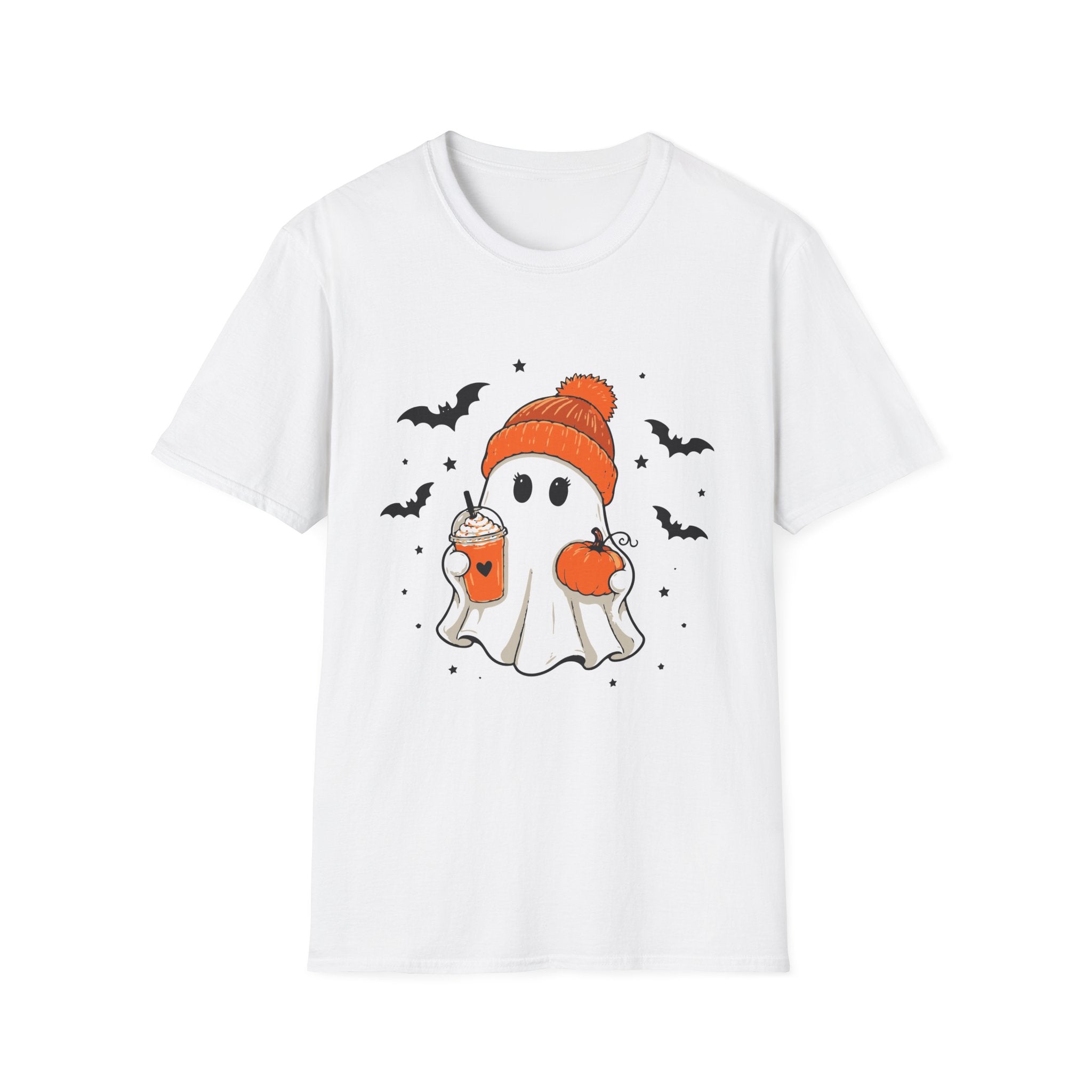 Ghost in a Beanie Halloween Tee — Cute Cozy Ghost with Pumpkin Drink