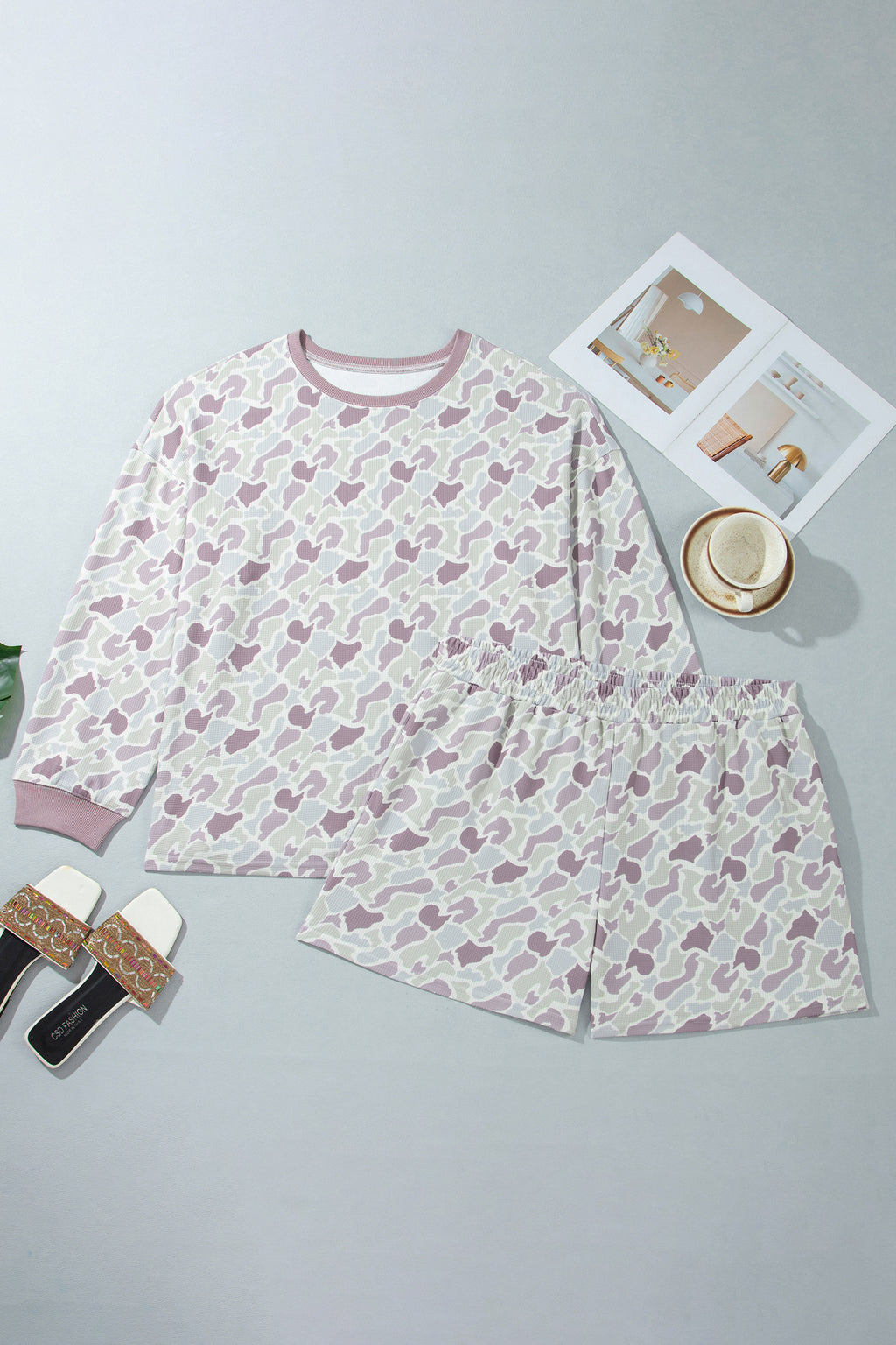 Green Camouflage Print Waffle Textured Pullover and Shorts Plus Size 2pcs Set