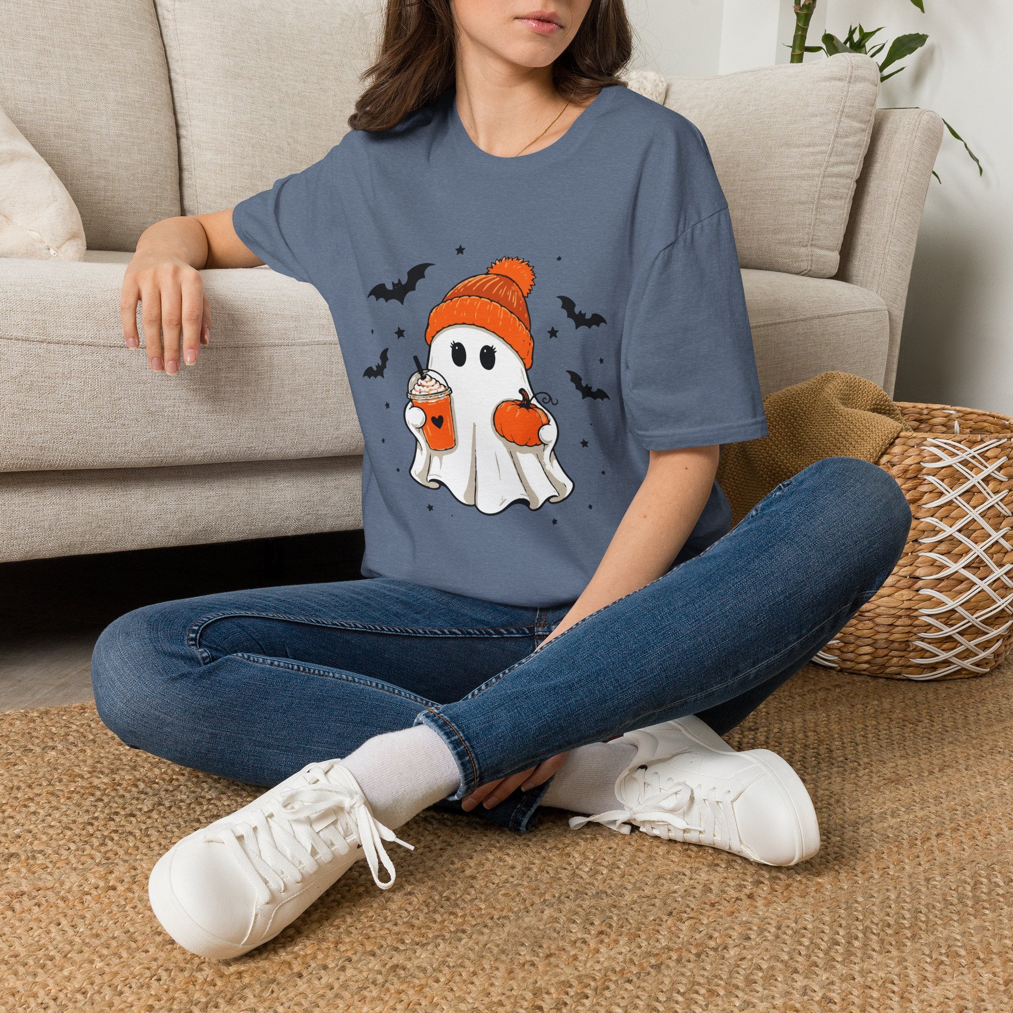 Ghost in a Beanie Halloween Tee — Cute Cozy Ghost with Pumpkin Drink