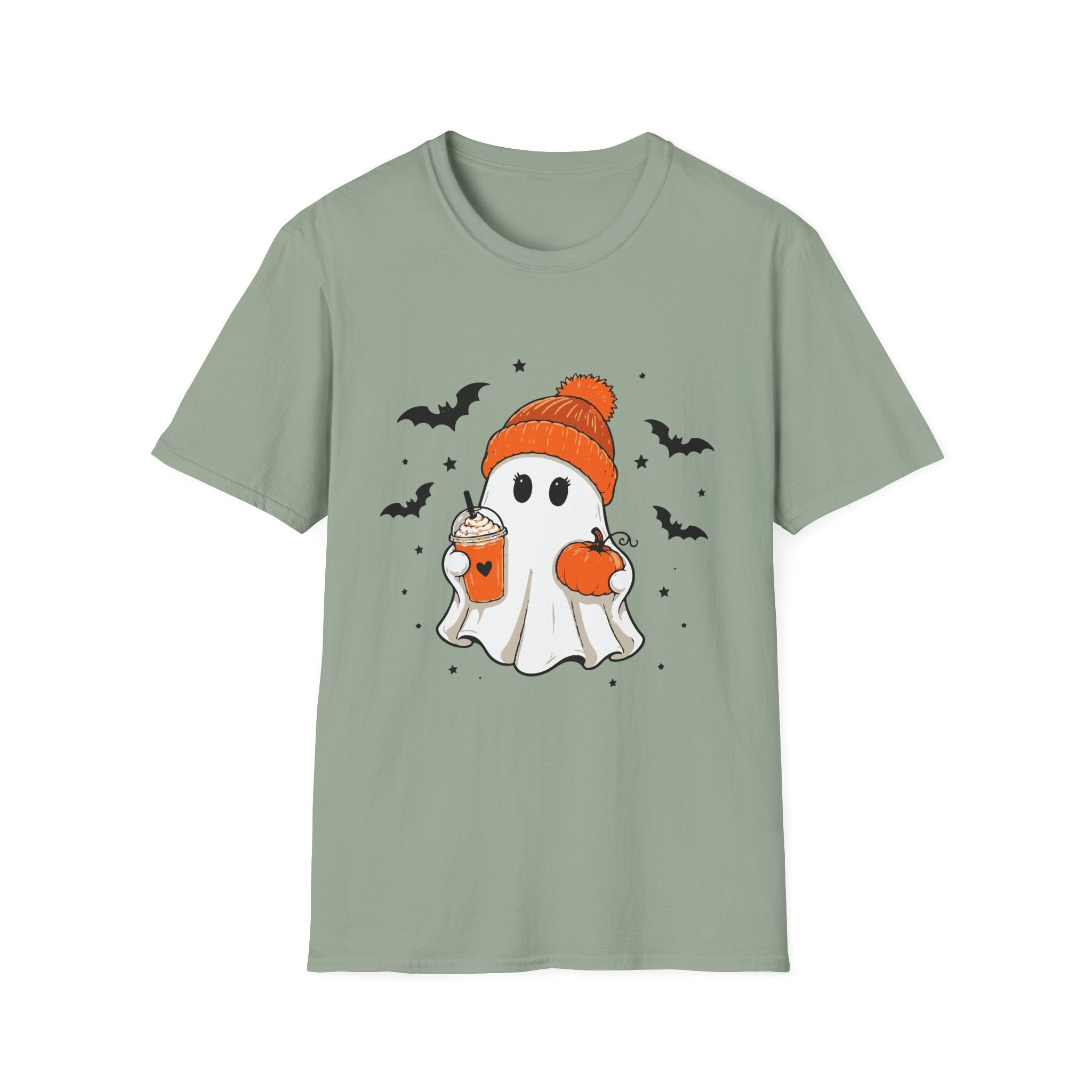 Ghost in a Beanie Halloween Tee — Cute Cozy Ghost with Pumpkin Drink