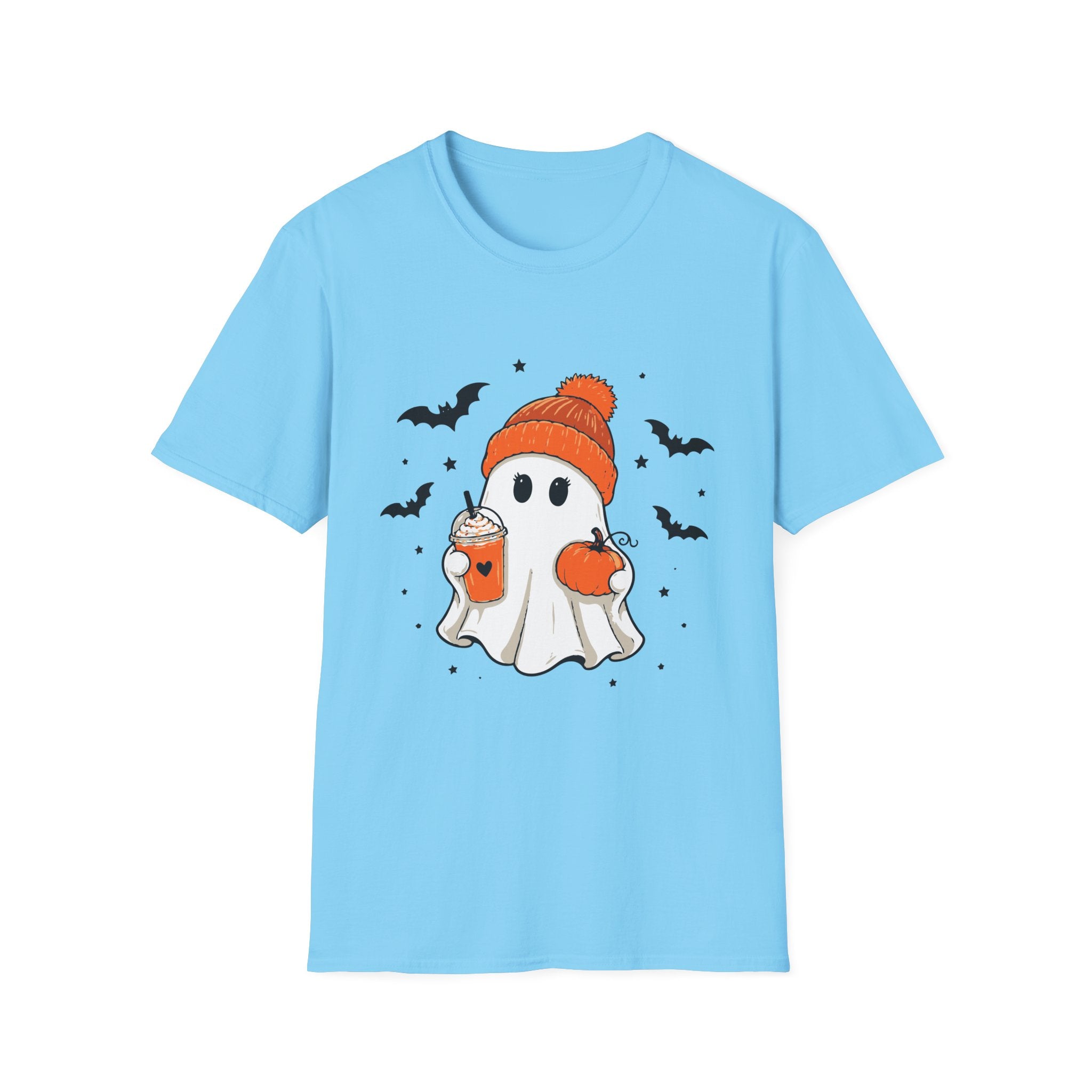 Ghost in a Beanie Halloween Tee — Cute Cozy Ghost with Pumpkin Drink