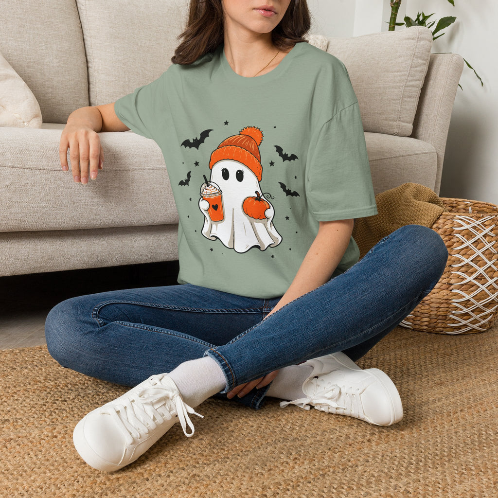 Ghost in a Beanie Halloween Tee — Cute Cozy Ghost with Pumpkin Drink