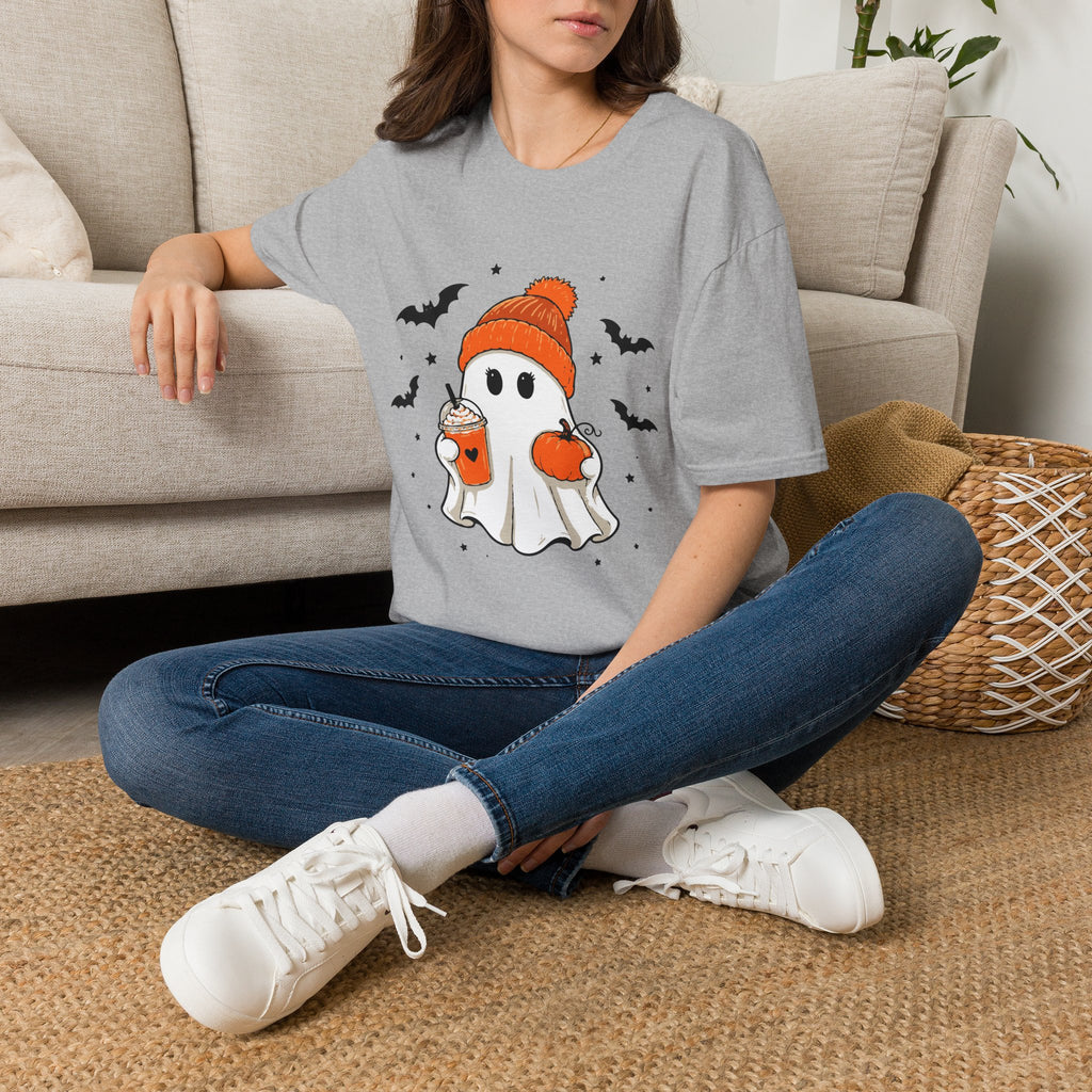 Ghost in a Beanie Halloween Tee — Cute Cozy Ghost with Pumpkin Drink