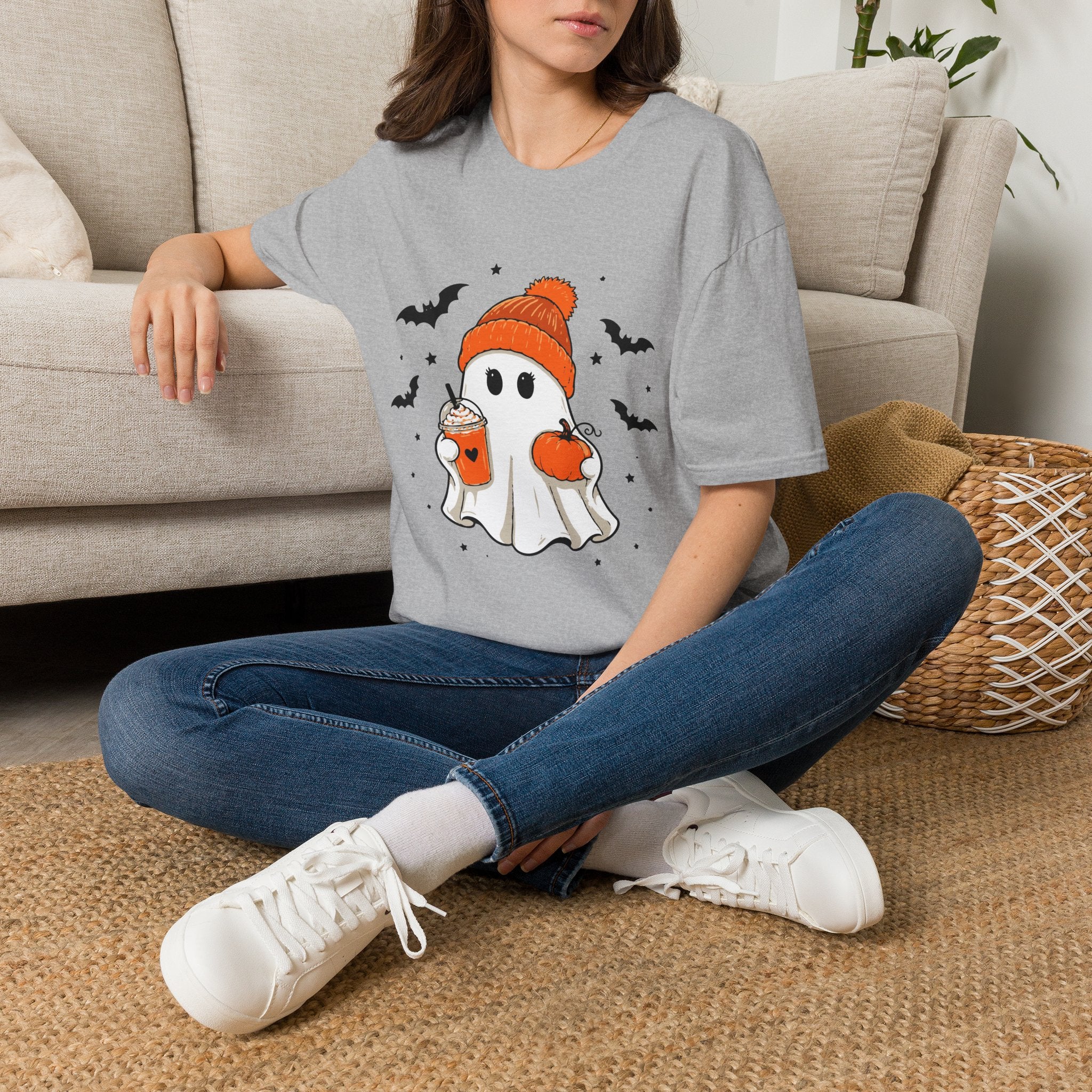 Ghost in a Beanie Halloween Tee — Cute Cozy Ghost with Pumpkin Drink