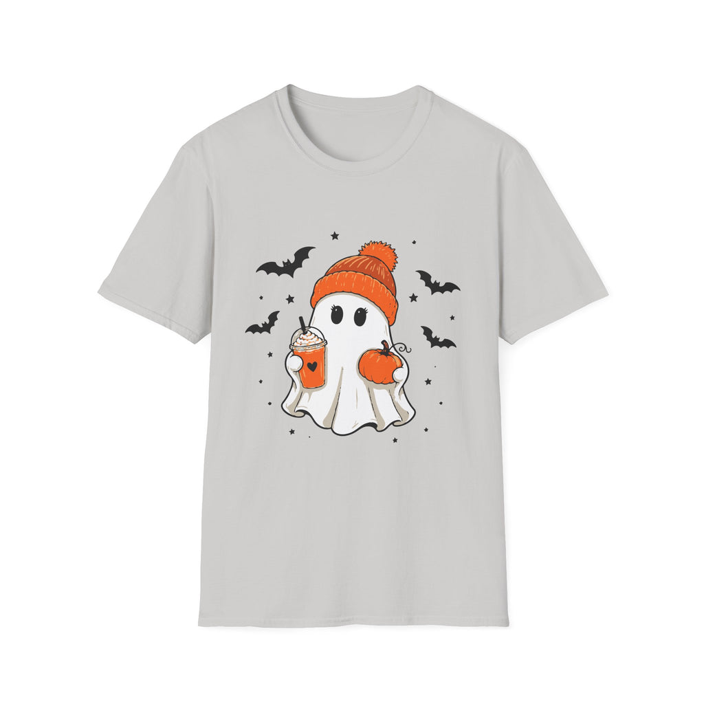Ghost in a Beanie Halloween Tee — Cute Cozy Ghost with Pumpkin Drink