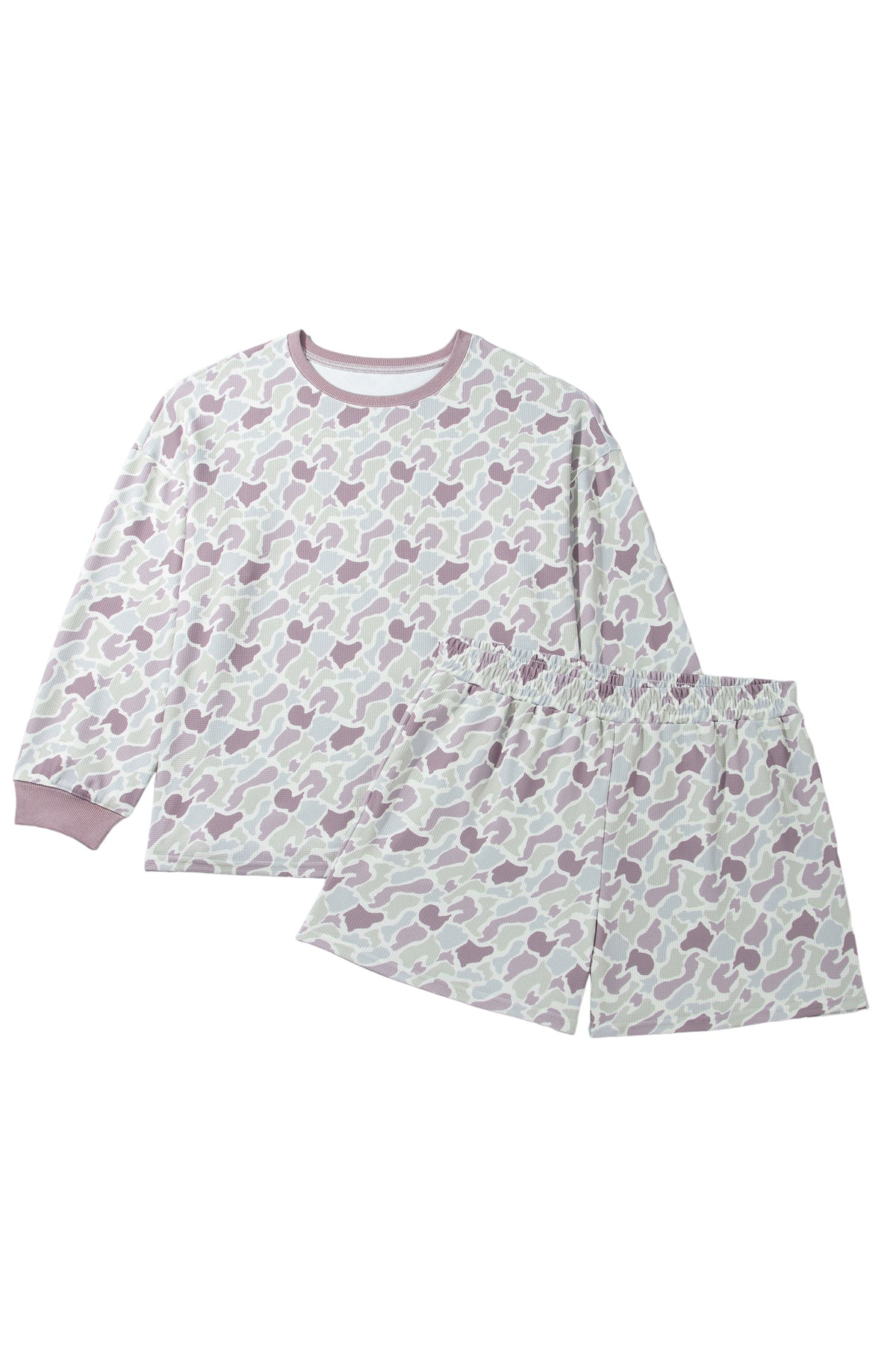 Green Camouflage Print Waffle Textured Pullover and Shorts Plus Size 2pcs Set
