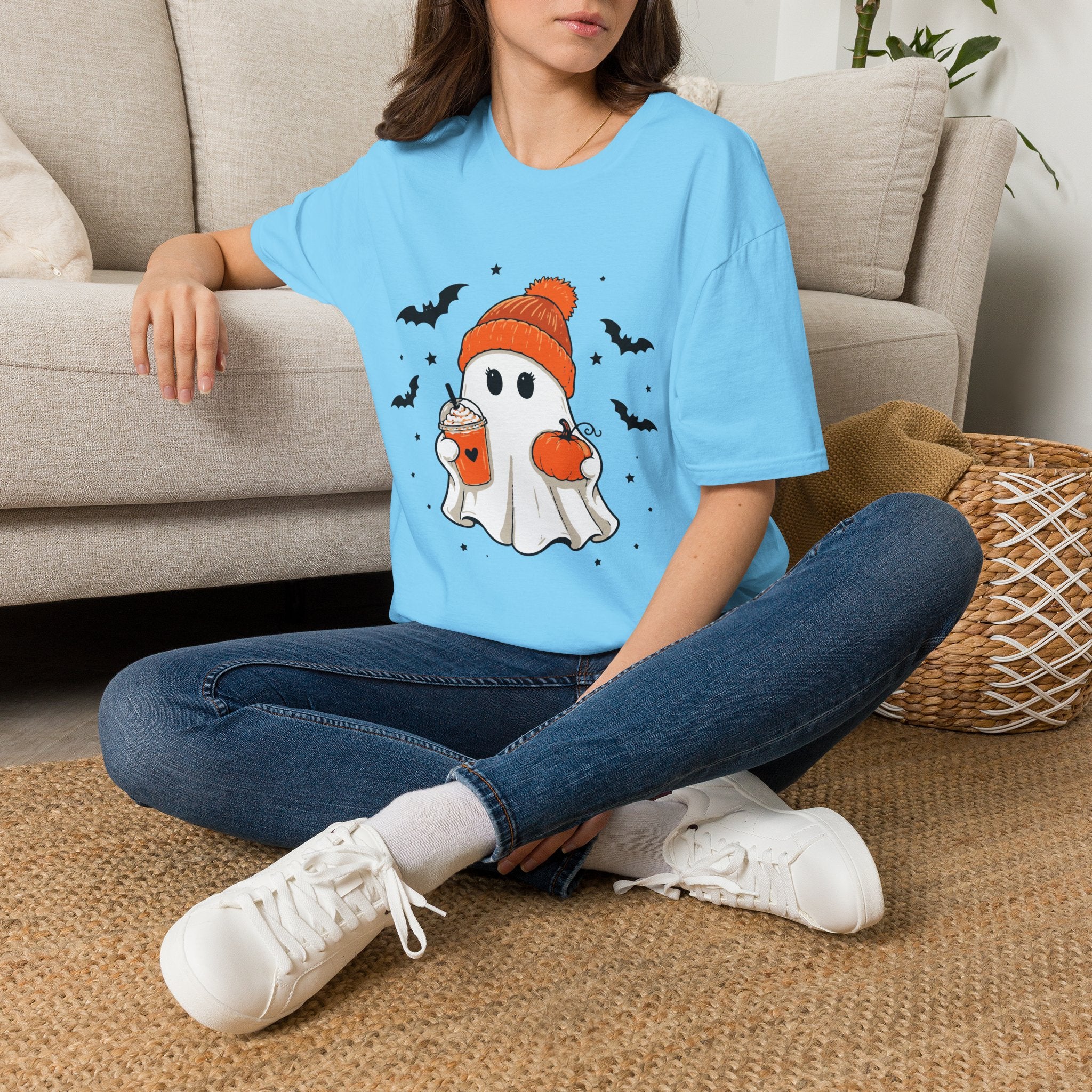Ghost in a Beanie Halloween Tee — Cute Cozy Ghost with Pumpkin Drink