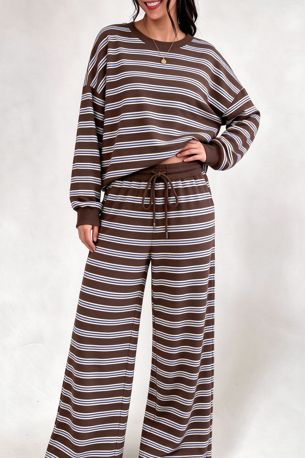 Stripe Cutout Long Sleeve and Wide Leg Pants