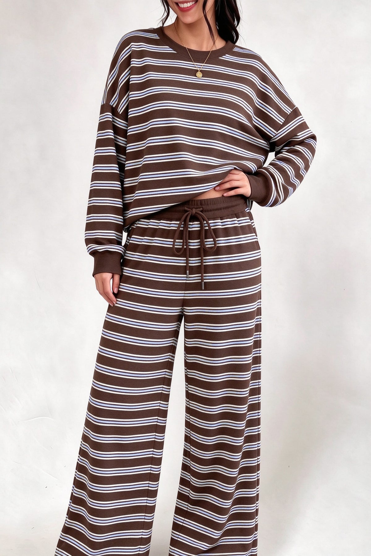 Stripe Cutout Long Sleeve and Wide Leg Pants