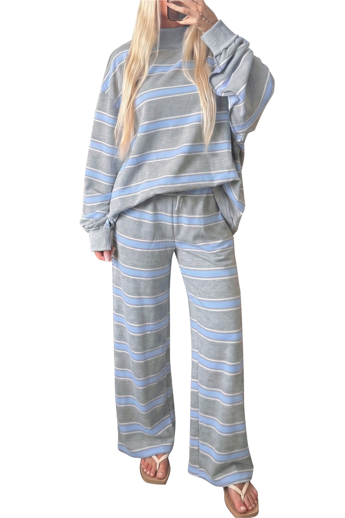 Striped Long Sleeve Pullover Top and Loose Pants Set