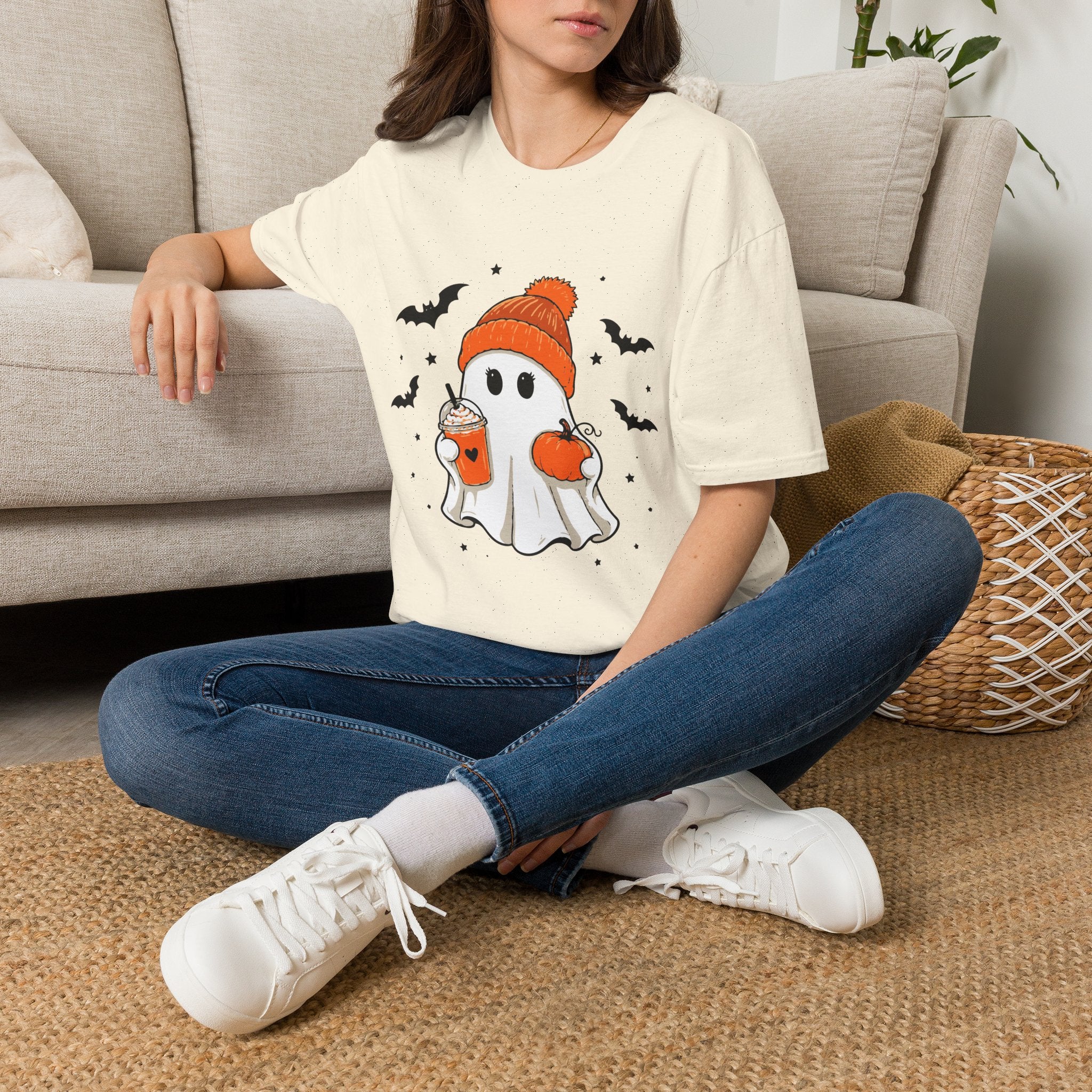 Ghost in a Beanie Halloween Tee — Cute Cozy Ghost with Pumpkin Drink