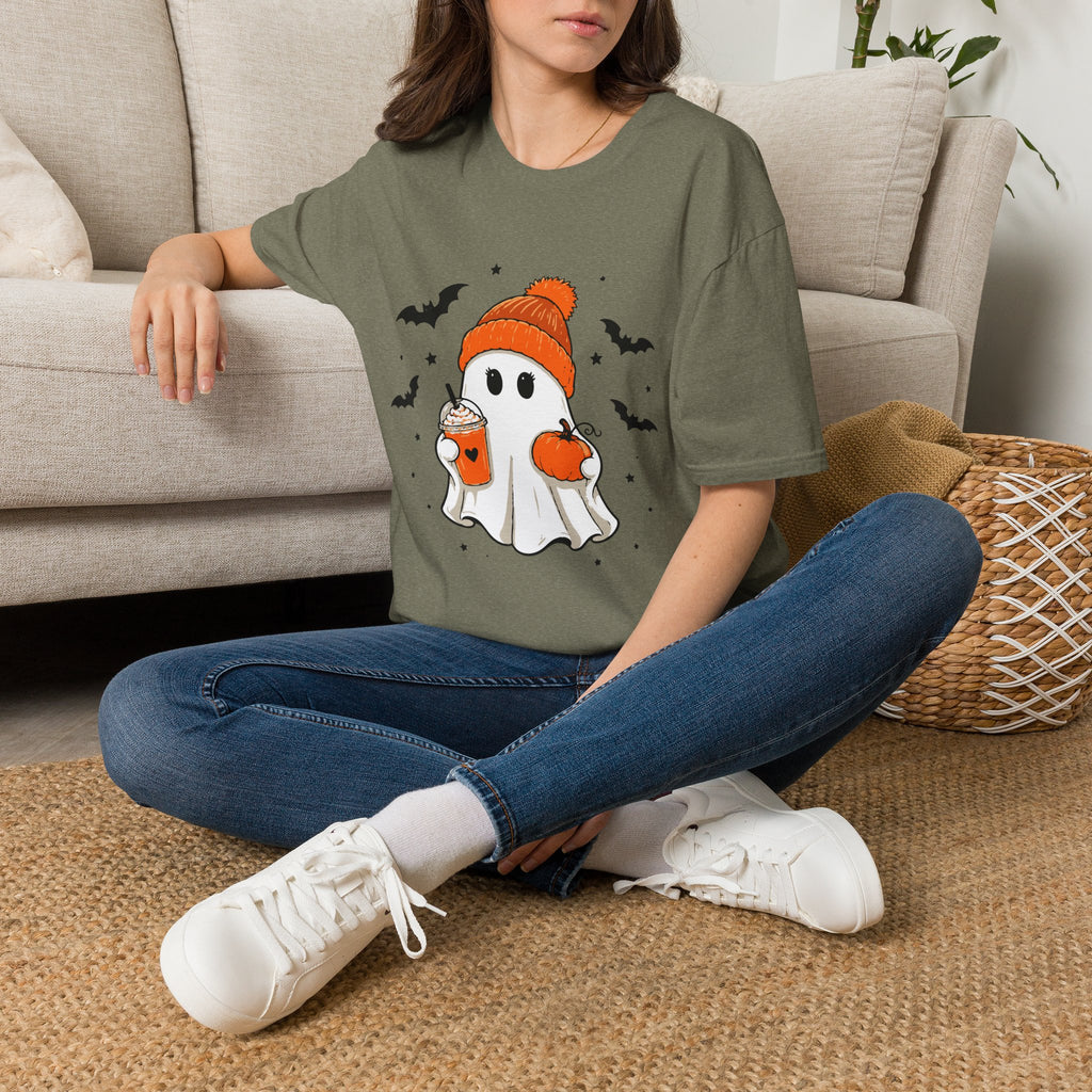 Ghost in a Beanie Halloween Tee — Cute Cozy Ghost with Pumpkin Drink
