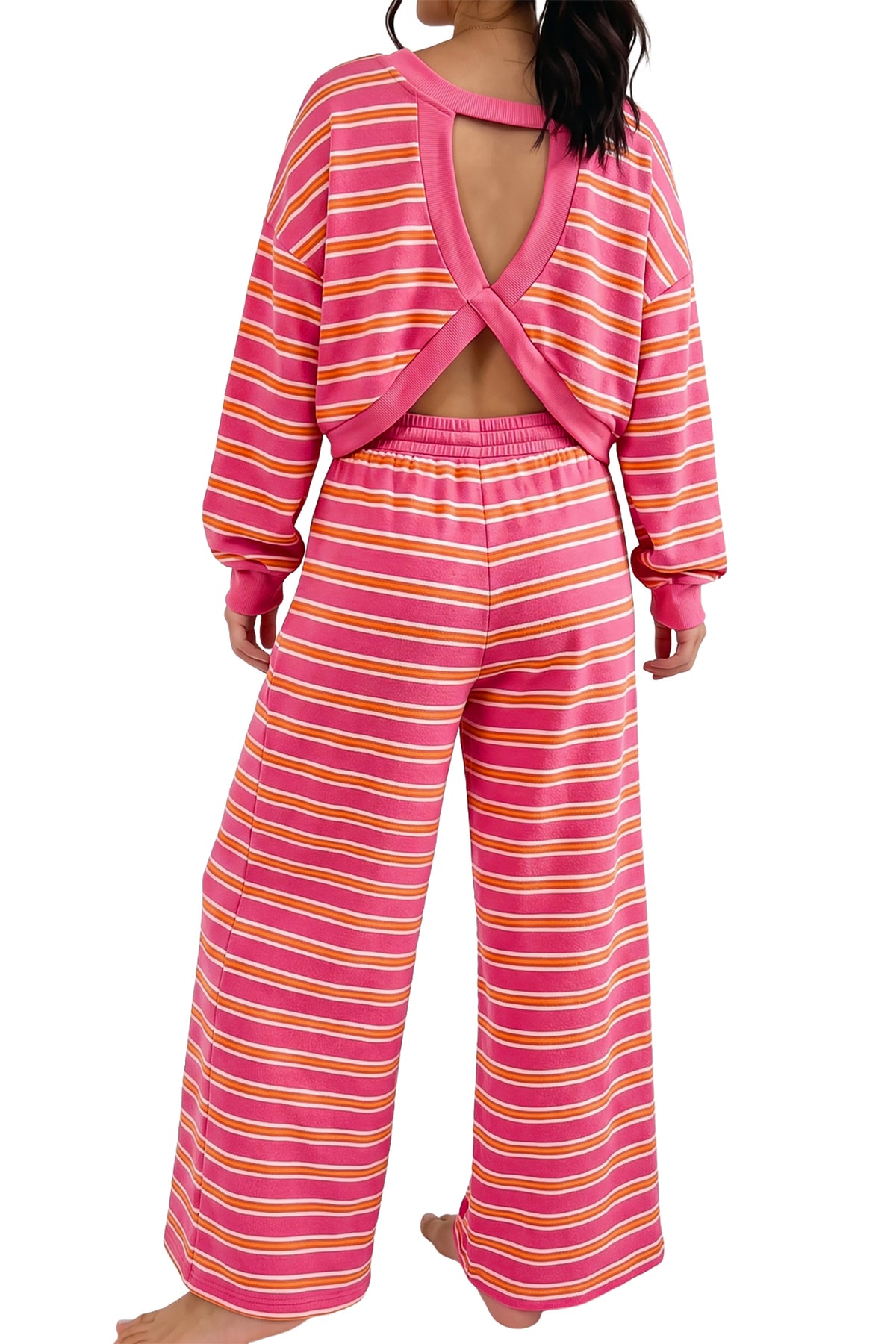 Stripe Cutout Long Sleeve and Wide Leg Pants