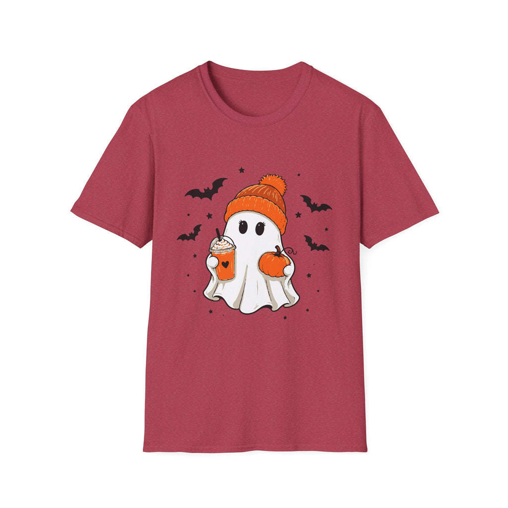 Ghost in a Beanie Halloween Tee — Cute Cozy Ghost with Pumpkin Drink