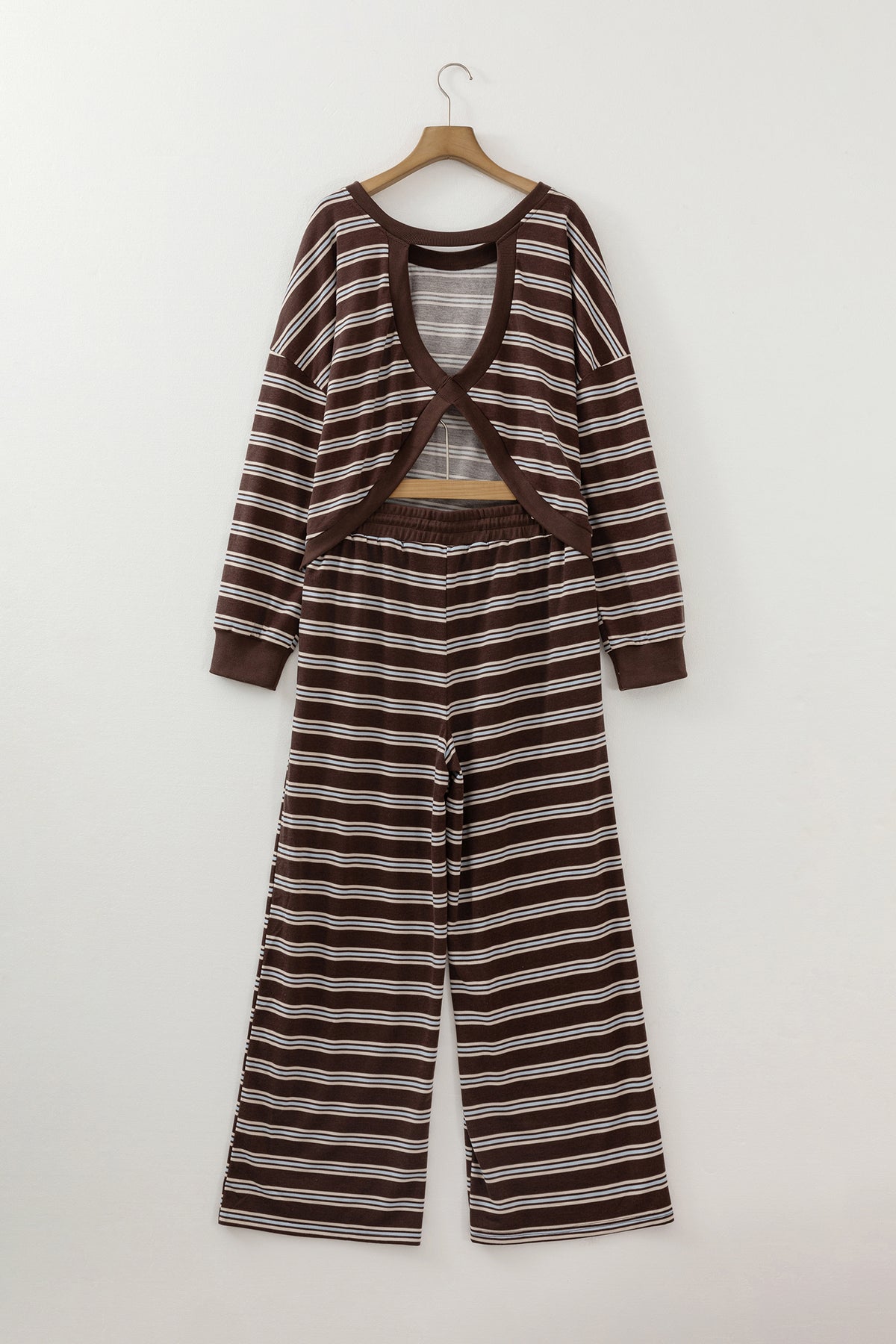 Stripe Cutout Long Sleeve and Wide Leg Pants