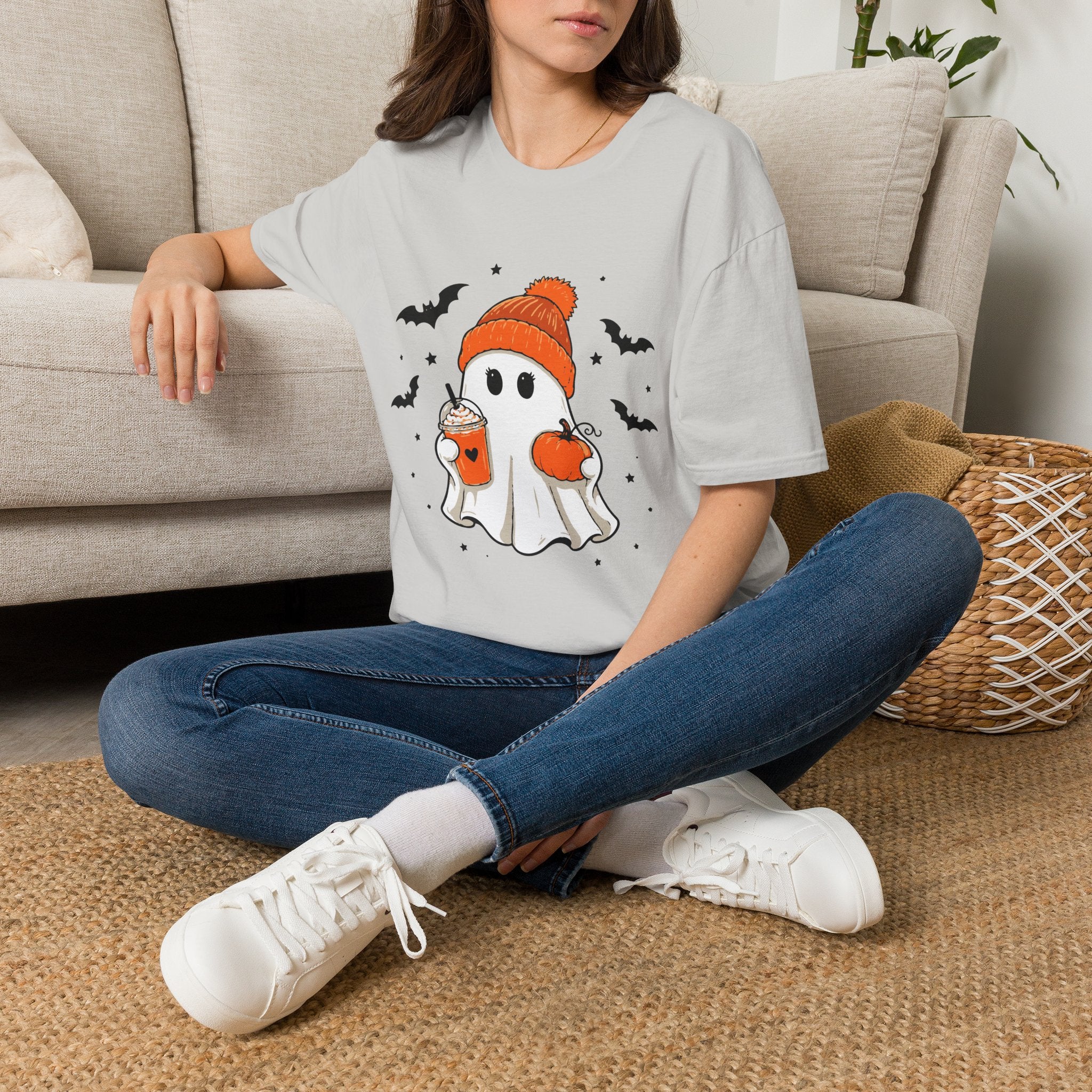 Ghost in a Beanie Halloween Tee — Cute Cozy Ghost with Pumpkin Drink