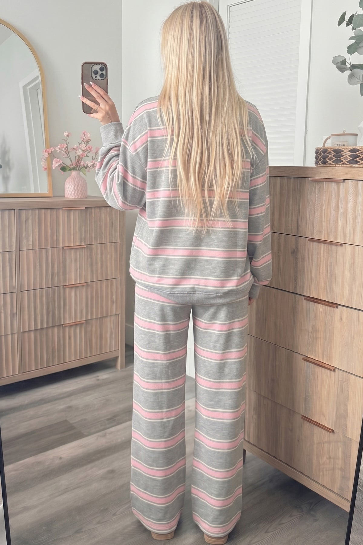 Striped Long Sleeve Pullover Top and Loose Pants Set