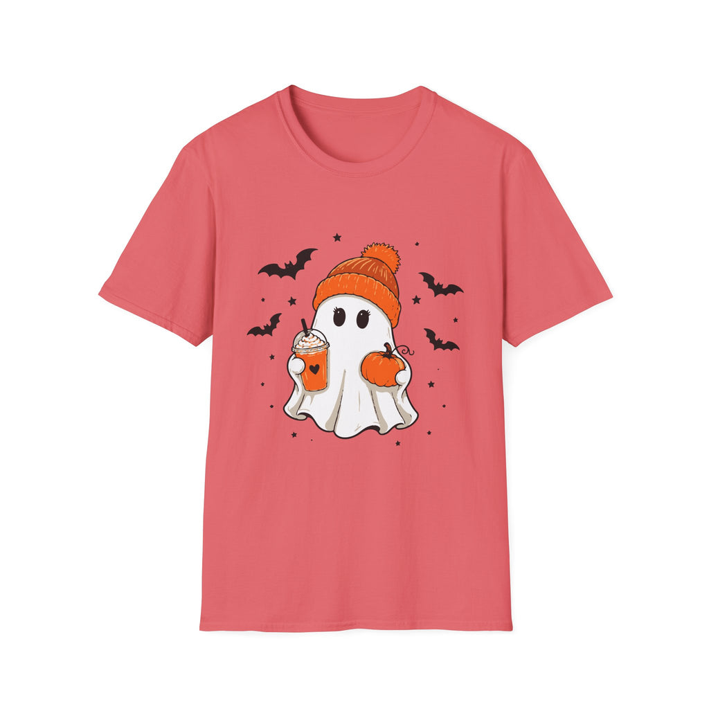 Ghost in a Beanie Halloween Tee — Cute Cozy Ghost with Pumpkin Drink