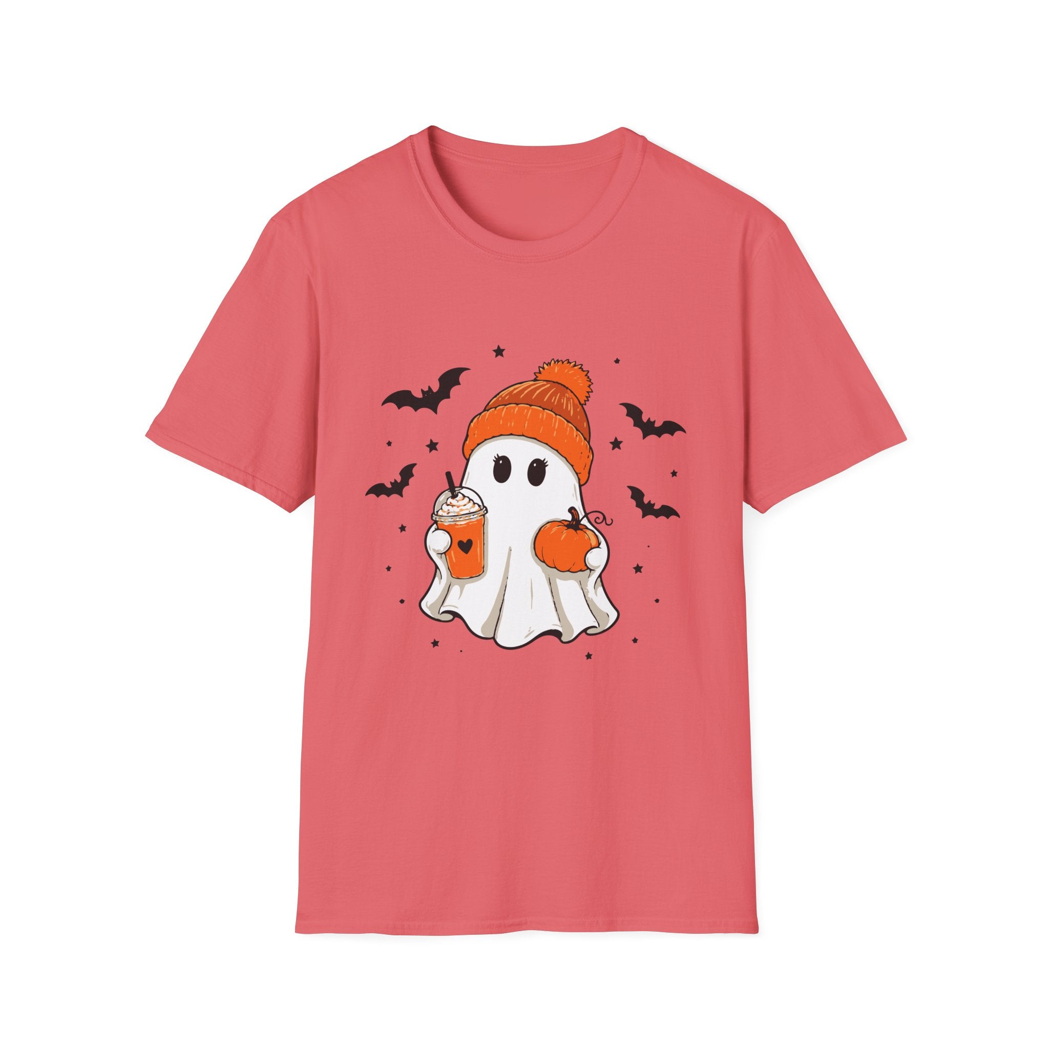 Ghost in a Beanie Halloween Tee — Cute Cozy Ghost with Pumpkin Drink