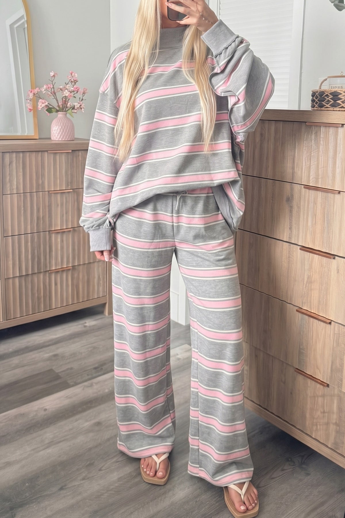 Striped Long Sleeve Pullover Top and Loose Pants Set