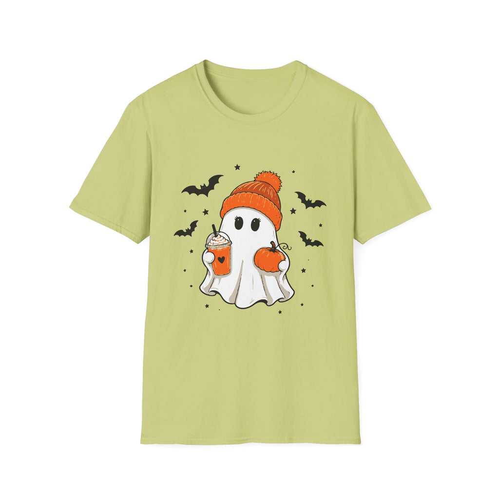 Ghost in a Beanie Halloween Tee — Cute Cozy Ghost with Pumpkin Drink