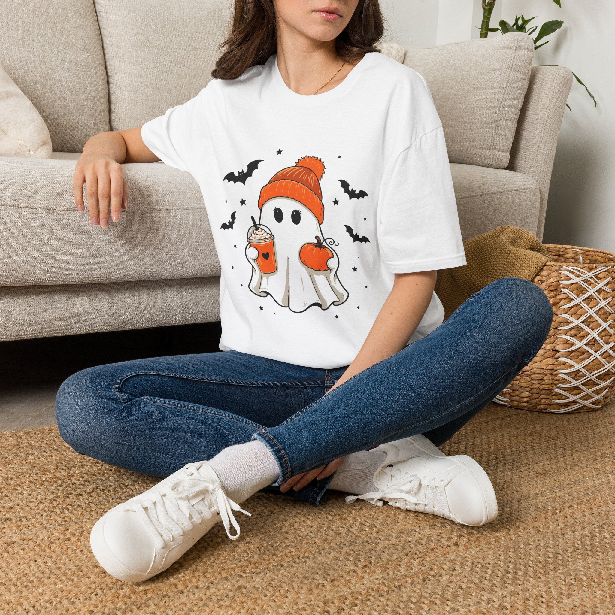 Ghost in a Beanie Halloween Tee — Cute Cozy Ghost with Pumpkin Drink