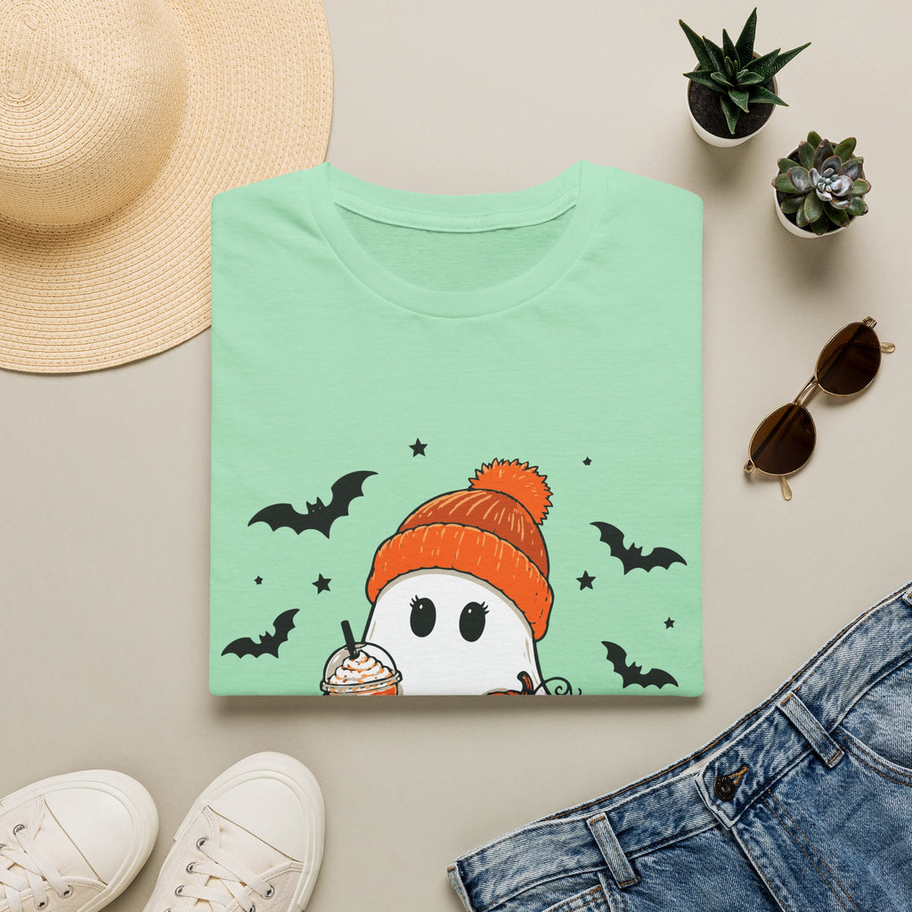 Ghost in a Beanie Halloween Tee — Cute Cozy Ghost with Pumpkin Drink