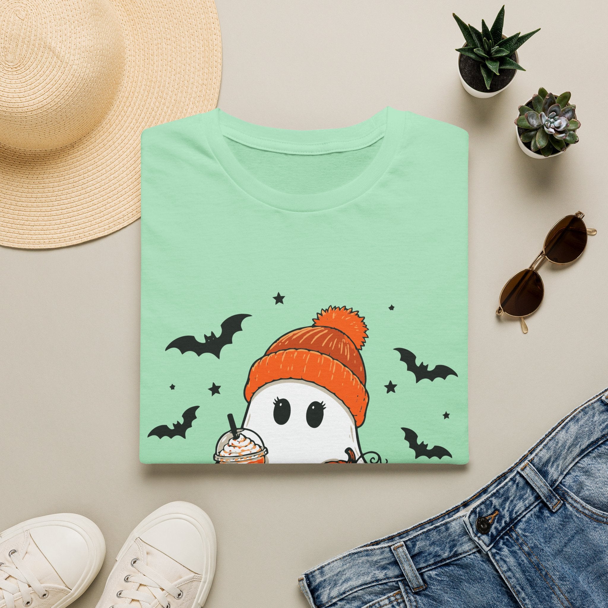 Ghost in a Beanie Halloween Tee — Cute Cozy Ghost with Pumpkin Drink