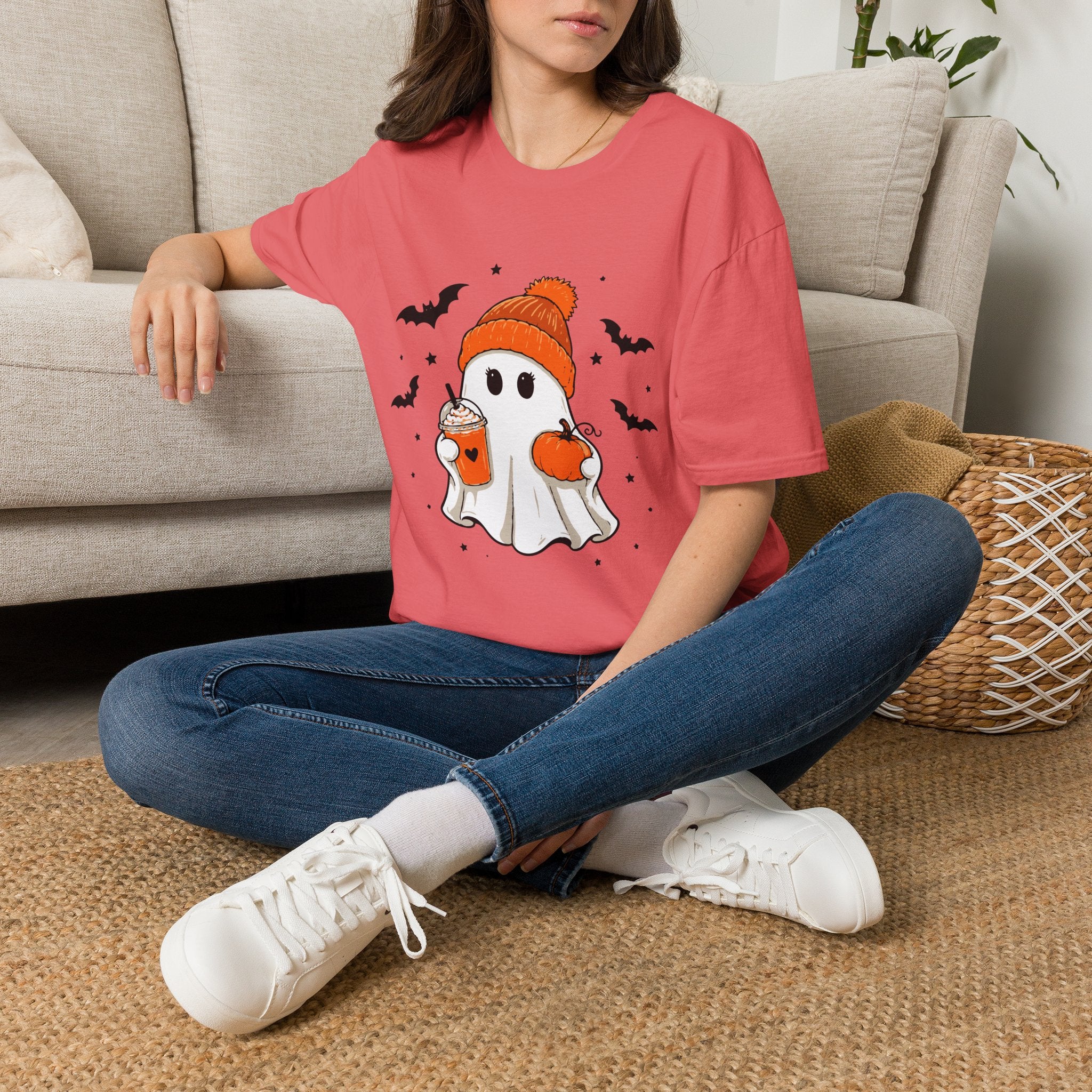 Ghost in a Beanie Halloween Tee — Cute Cozy Ghost with Pumpkin Drink