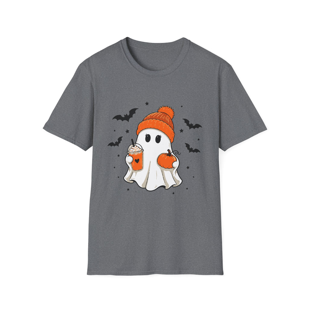 Ghost in a Beanie Halloween Tee — Cute Cozy Ghost with Pumpkin Drink