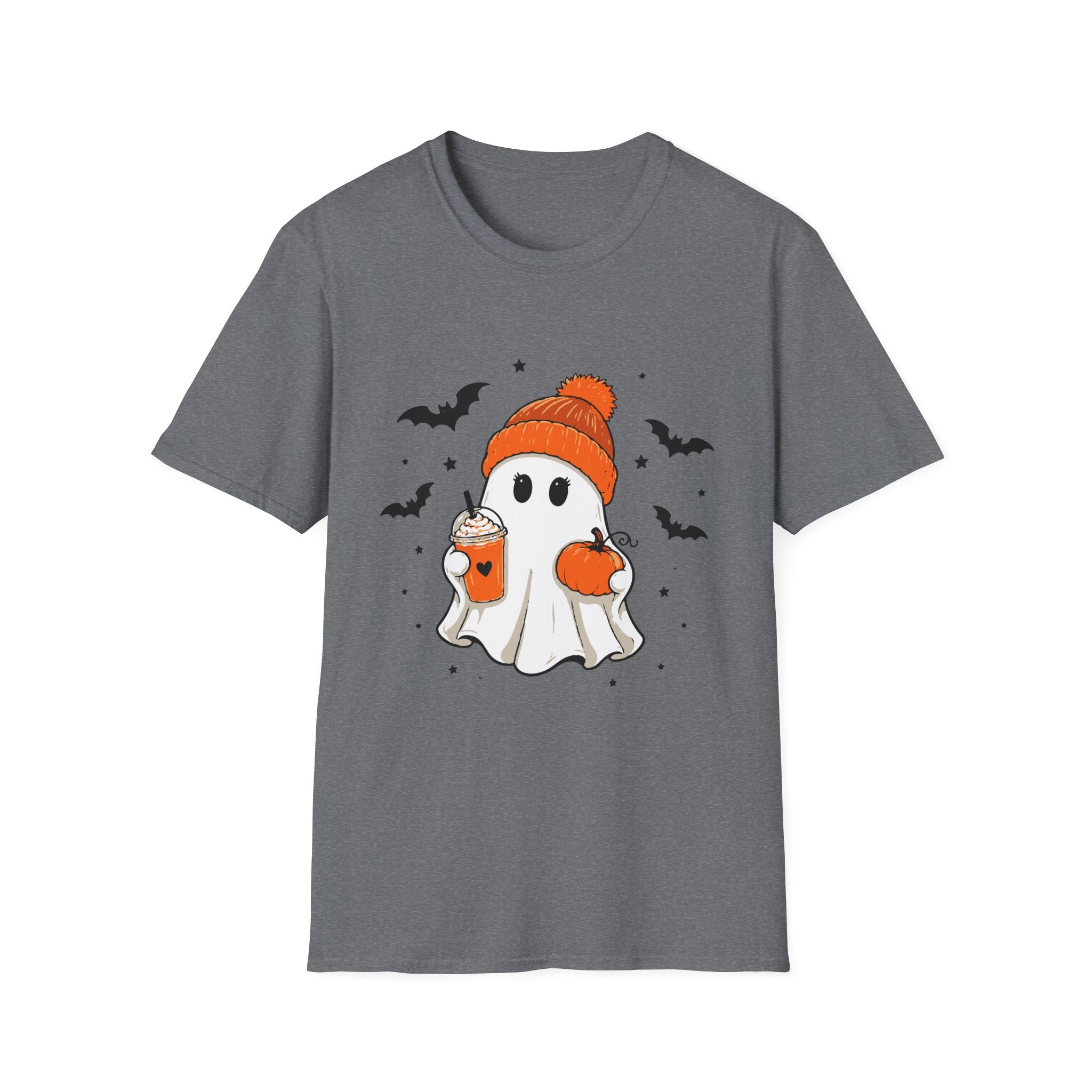 Ghost in a Beanie Halloween Tee — Cute Cozy Ghost with Pumpkin Drink