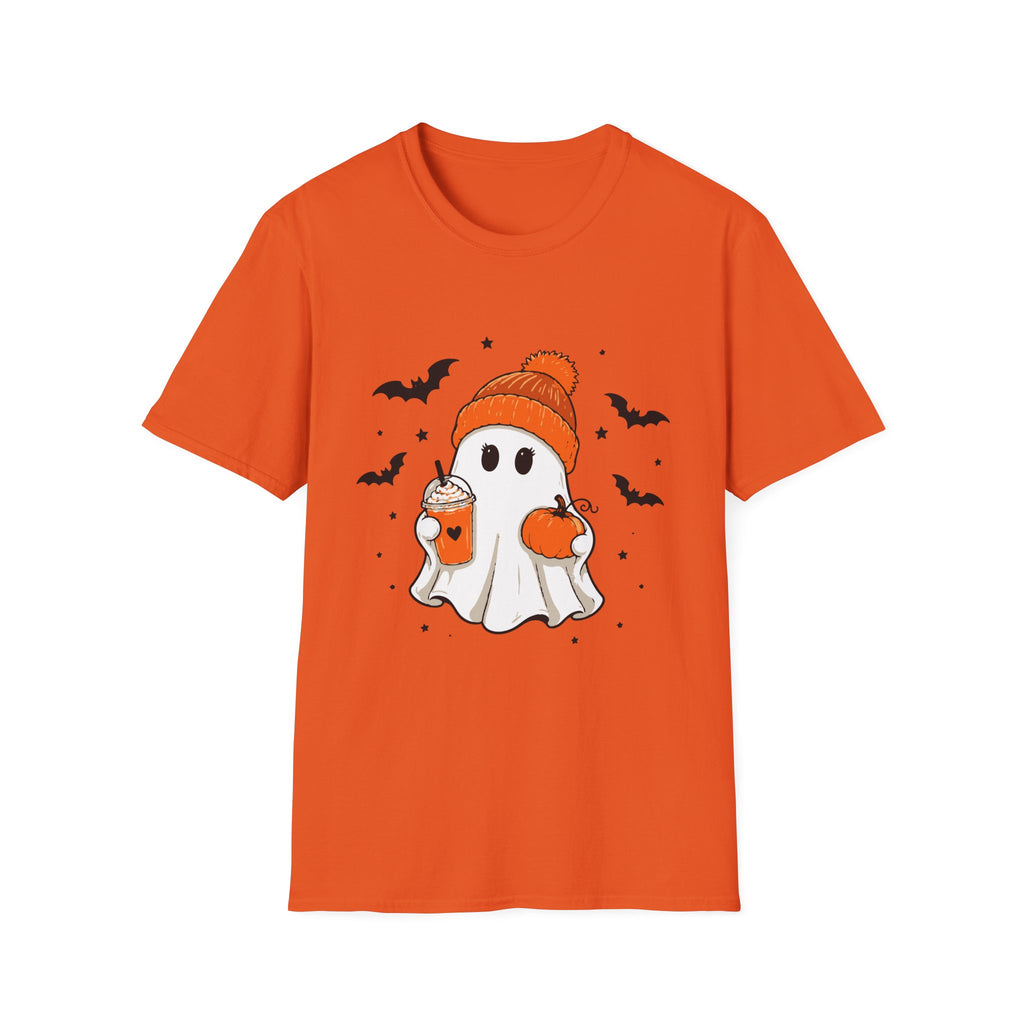 Ghost in a Beanie Halloween Tee — Cute Cozy Ghost with Pumpkin Drink
