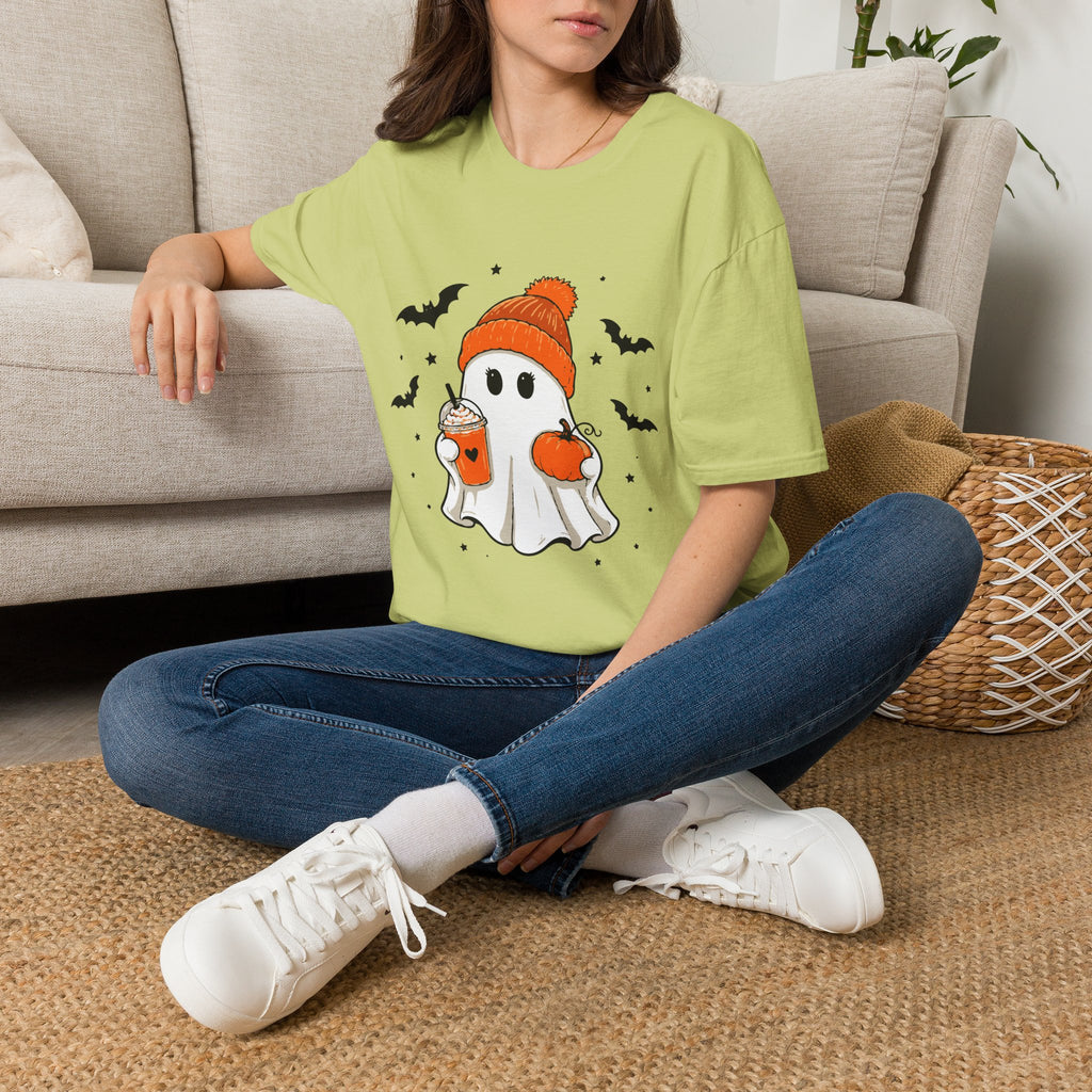 Ghost in a Beanie Halloween Tee — Cute Cozy Ghost with Pumpkin Drink