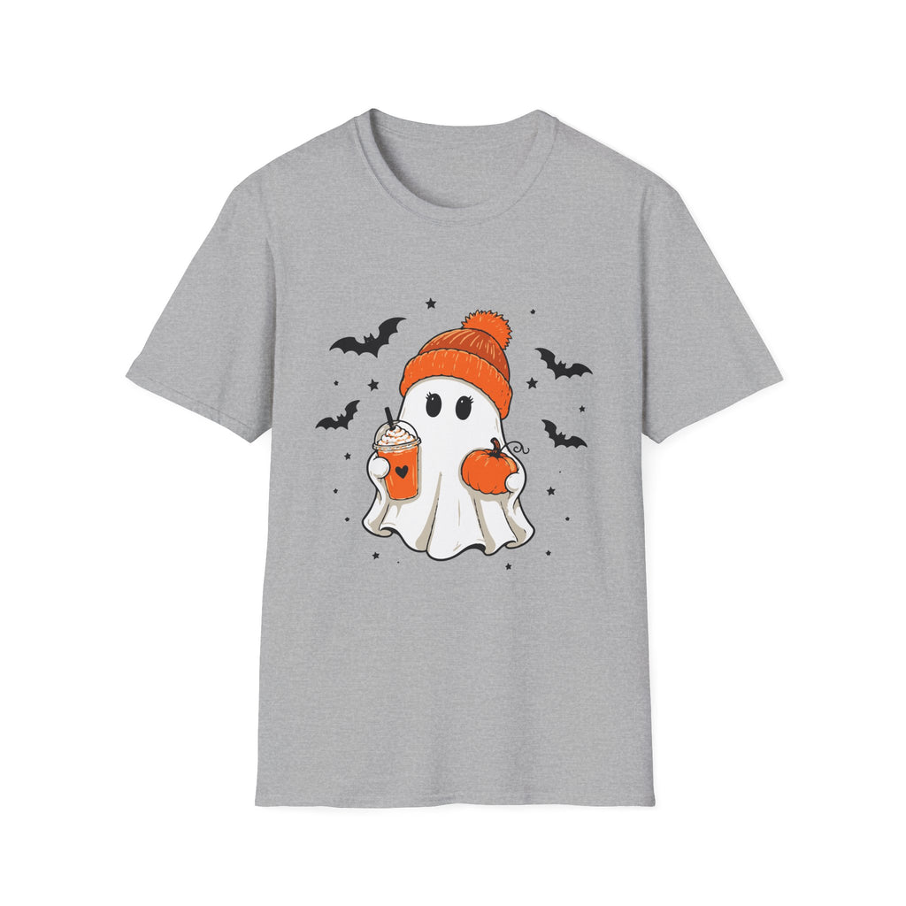 Ghost in a Beanie Halloween Tee — Cute Cozy Ghost with Pumpkin Drink