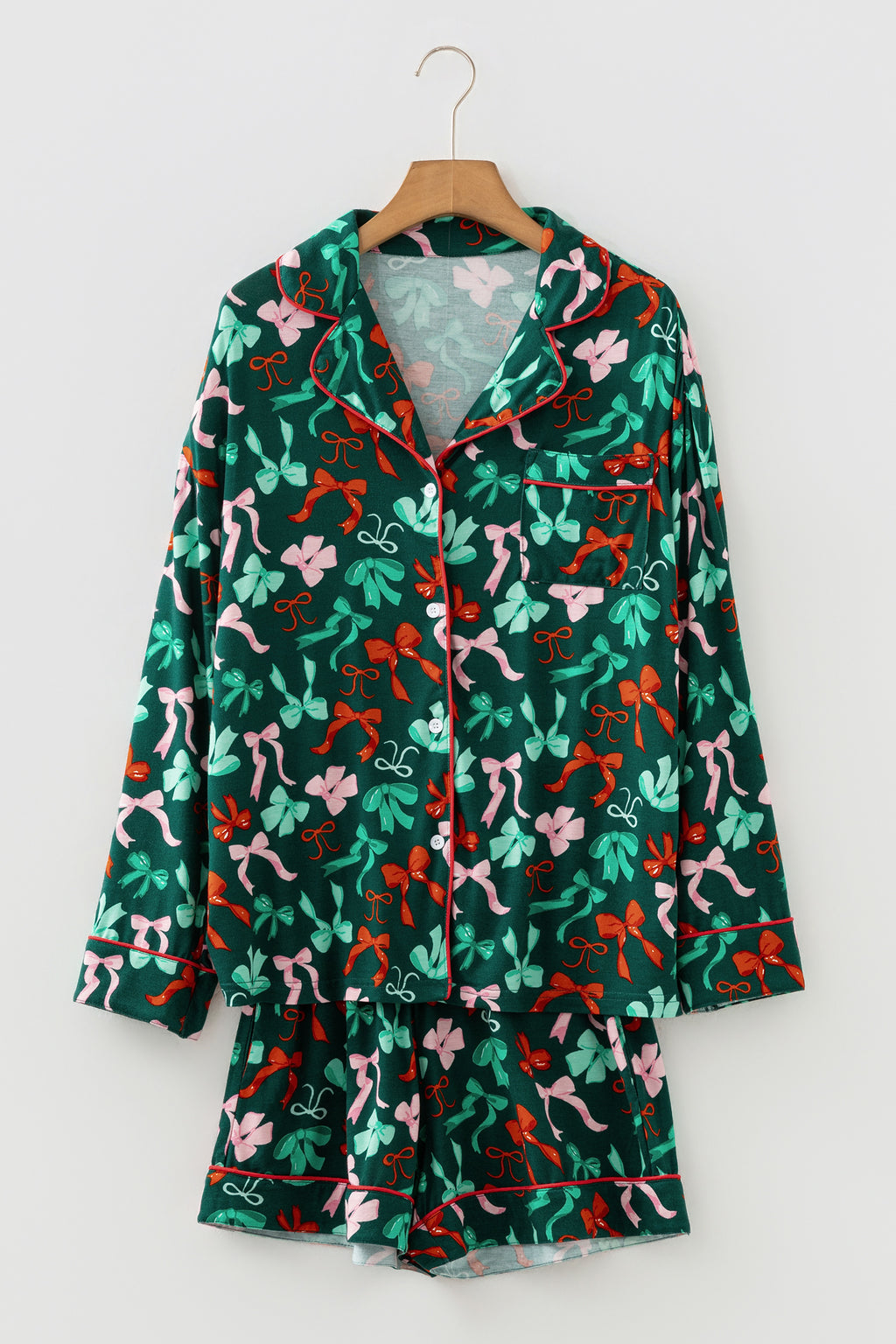 Green Bow Print Long Sleeve Pajama Set