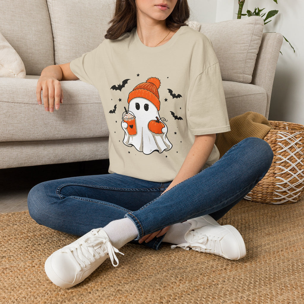 Ghost in a Beanie Halloween Tee — Cute Cozy Ghost with Pumpkin Drink
