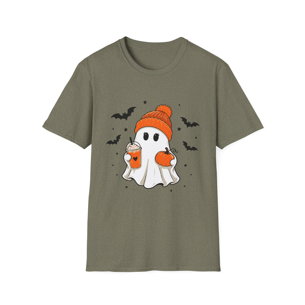 Ghost in a Beanie Halloween Tee — Cute Cozy Ghost with Pumpkin Drink