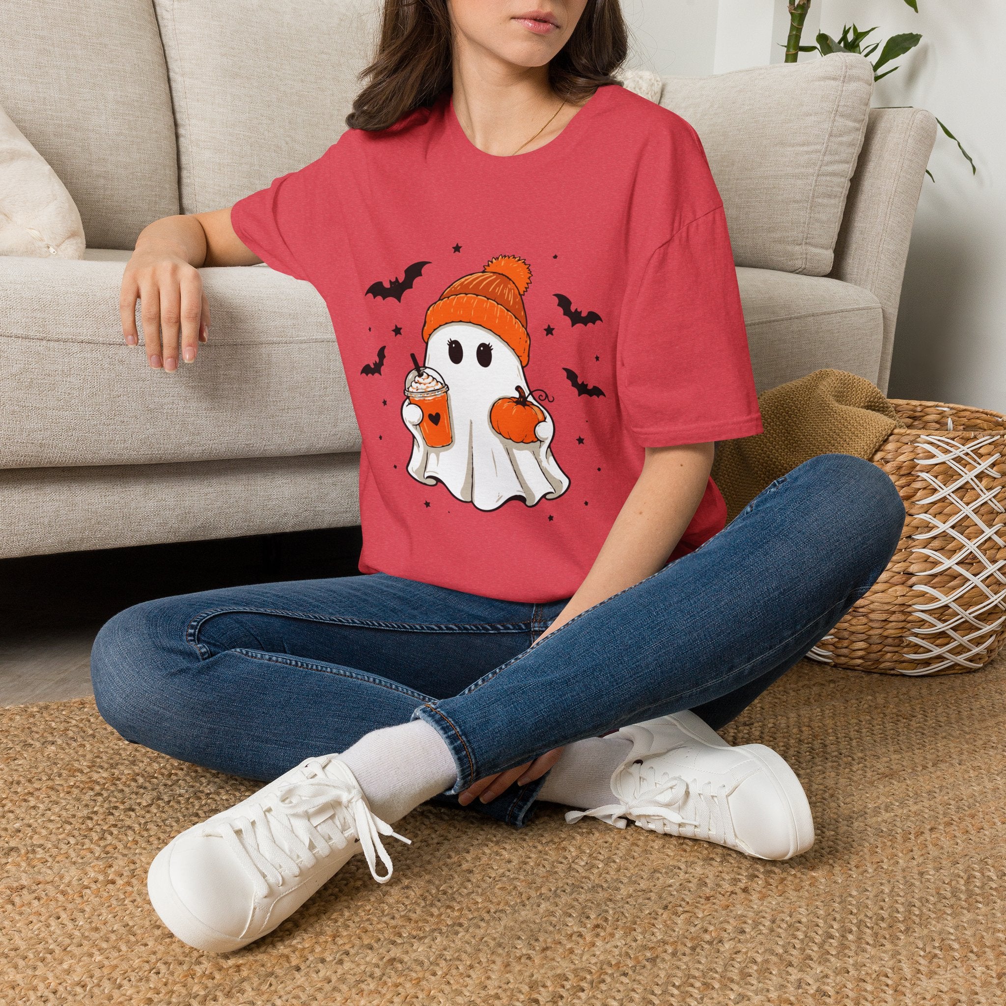 Ghost in a Beanie Halloween Tee — Cute Cozy Ghost with Pumpkin Drink