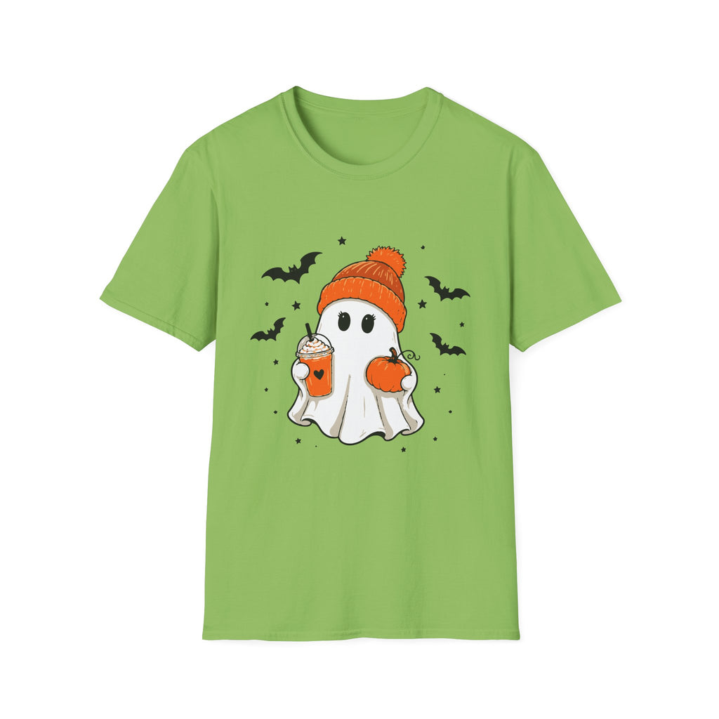 Ghost in a Beanie Halloween Tee — Cute Cozy Ghost with Pumpkin Drink